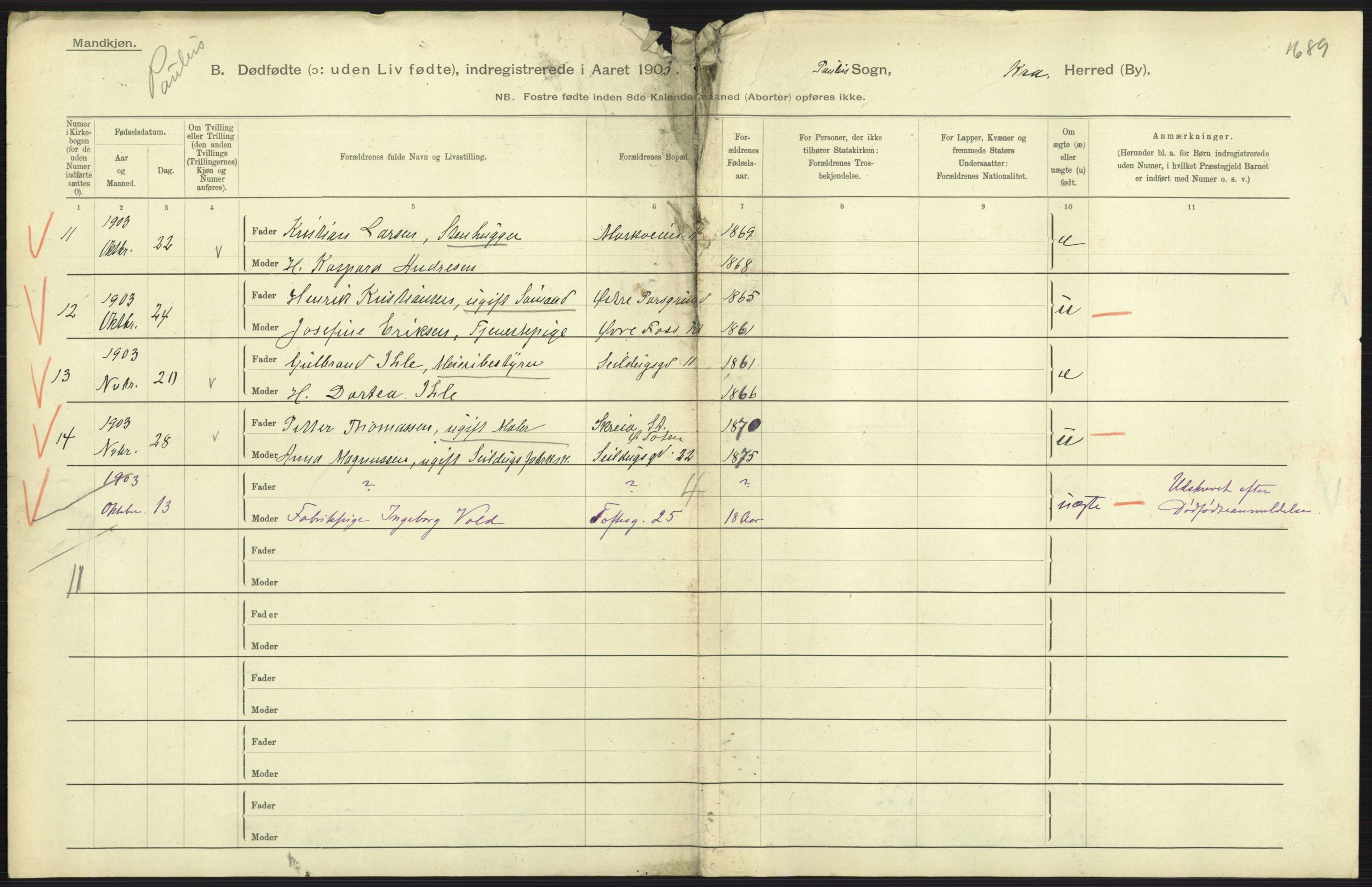 Statistisk sentralbyrå, Sosiodemografiske emner, Befolkning, AV/RA-S-2228/D/Df/Dfa/Dfaa/L0026: Smålenenes - Finnmarkens amt: Dødfødte. Byer., 1903, p. 31