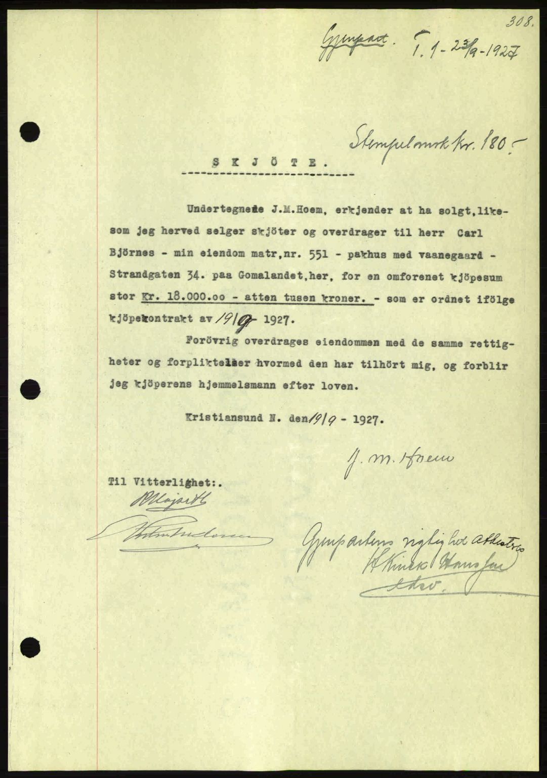Kristiansund byfogd, AV/SAT-A-4587/A/27: Mortgage book no. 21, 1926-1928, Deed date: 23.09.1927