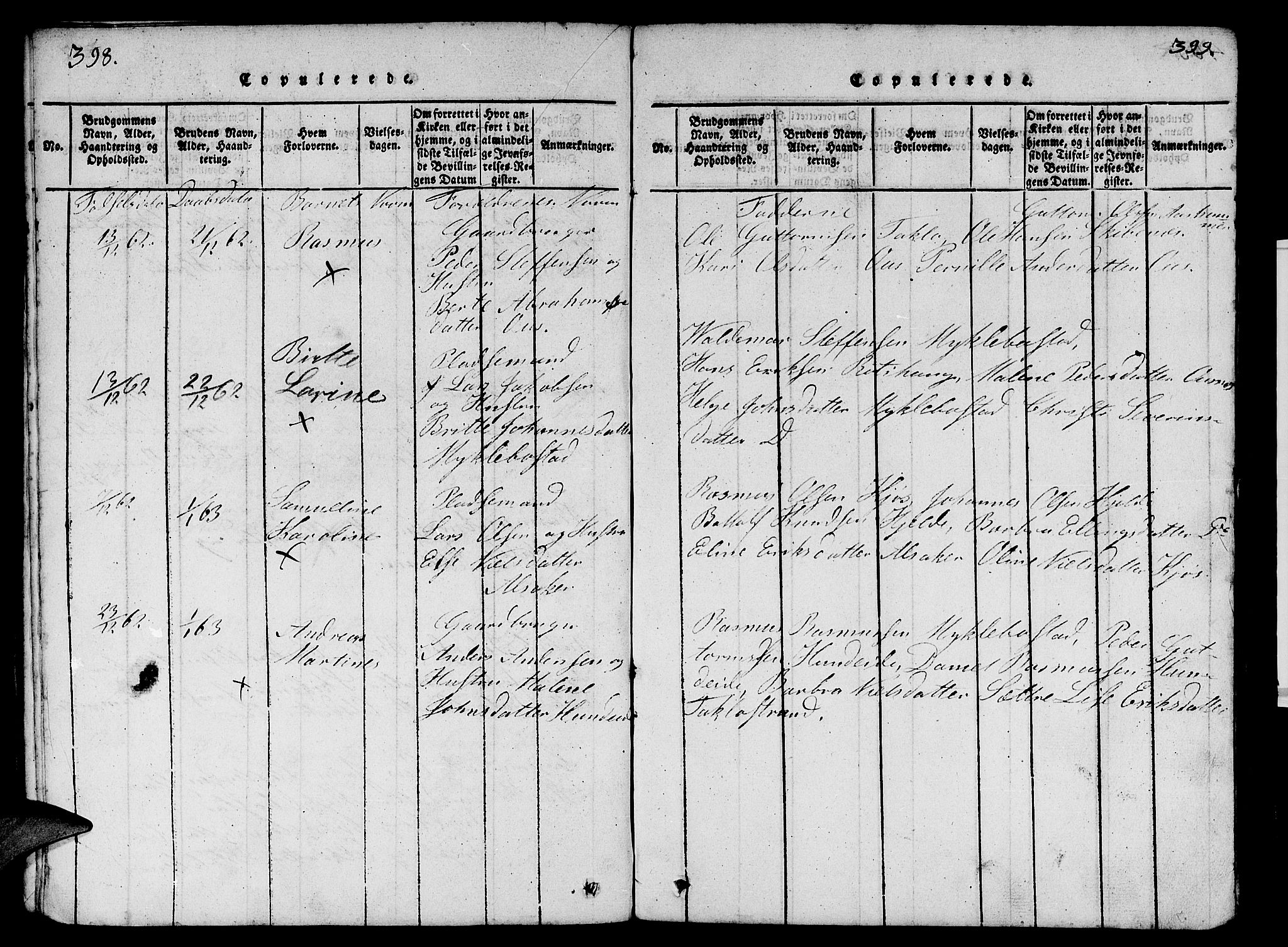 Eid sokneprestembete, AV/SAB-A-82301/H/Hab/Haba/L0001: Parish register (copy) no. A 1, 1816-1862, p. 398-399