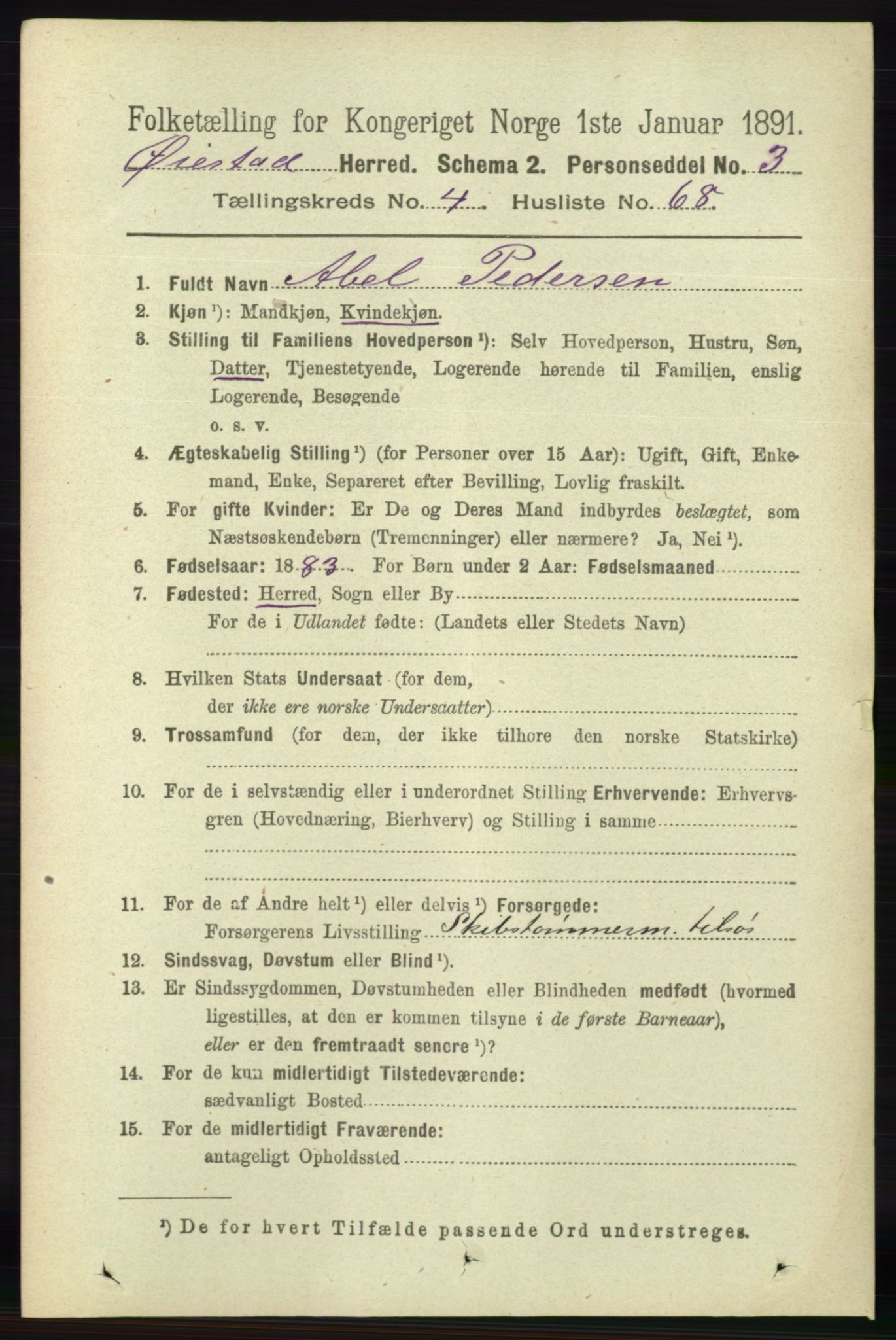 RA, 1891 census for 0920 Øyestad, 1891, p. 1748