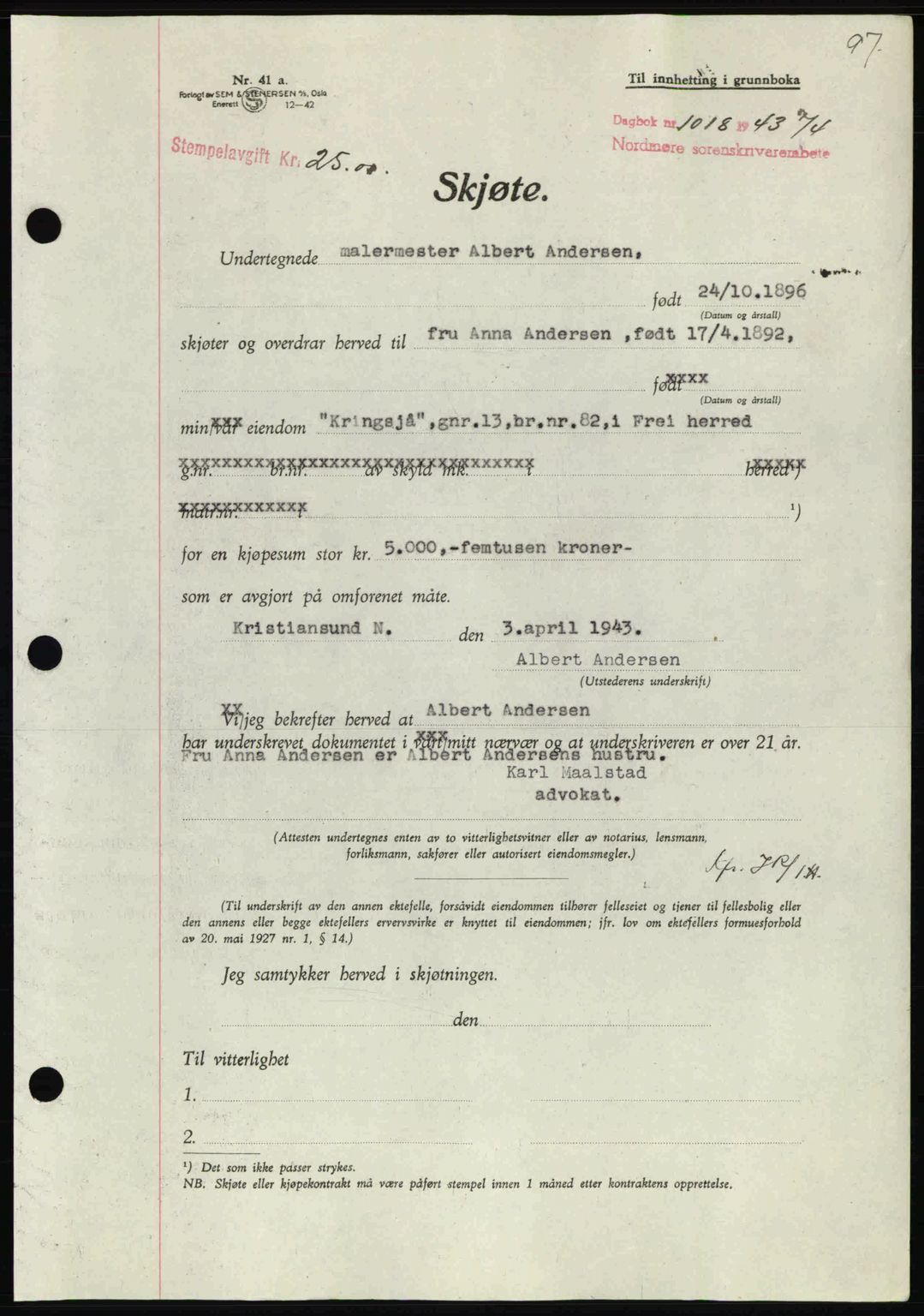 Nordmøre sorenskriveri, AV/SAT-A-4132/1/2/2Ca: Mortgage book no. A95, 1943-1943, Diary no: : 1018/1943