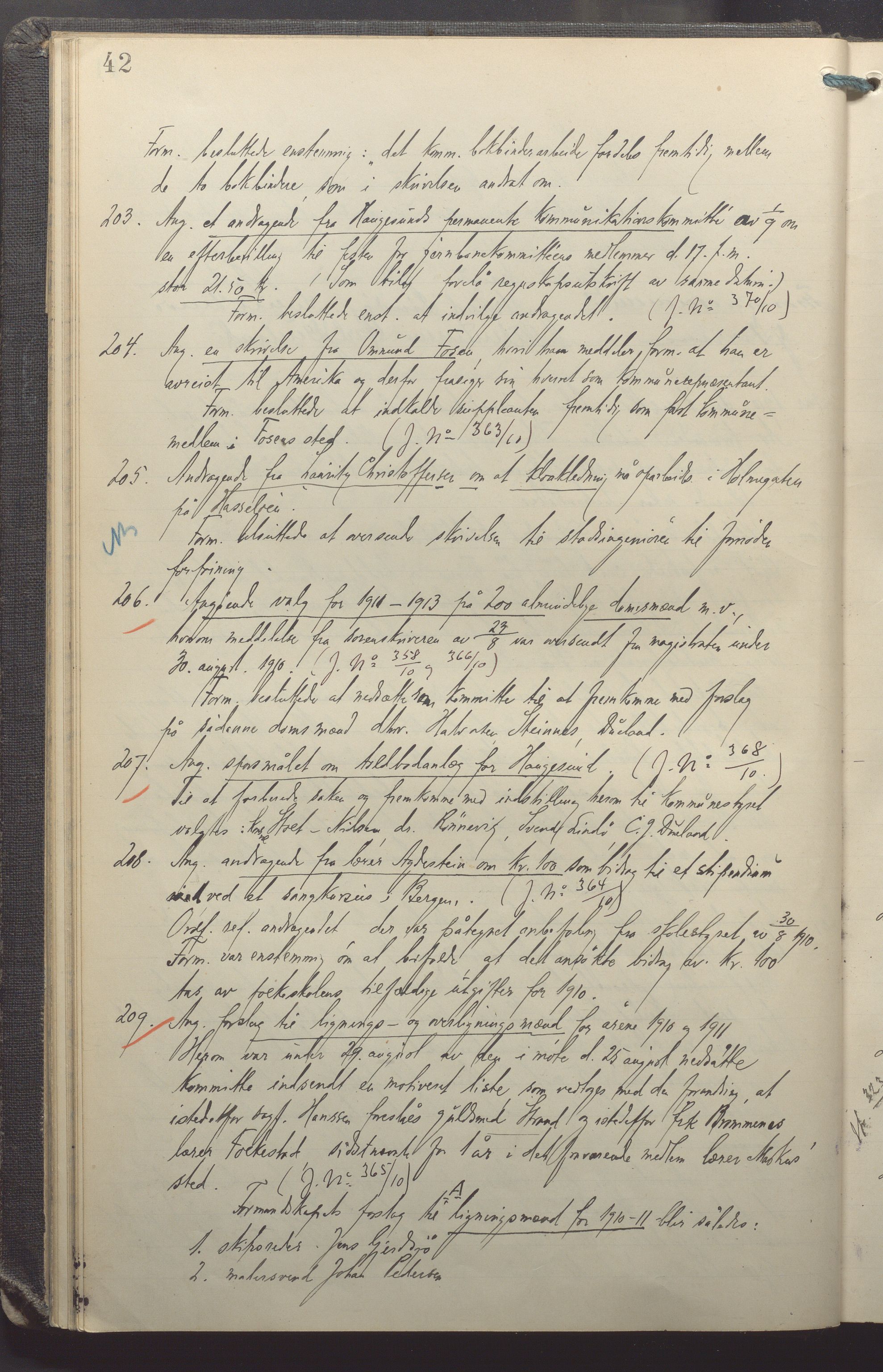 Haugesund kommune - Formannskapet, IKAR/X-0001/A/L0010: Møtebok, 1910-1912, p. 42