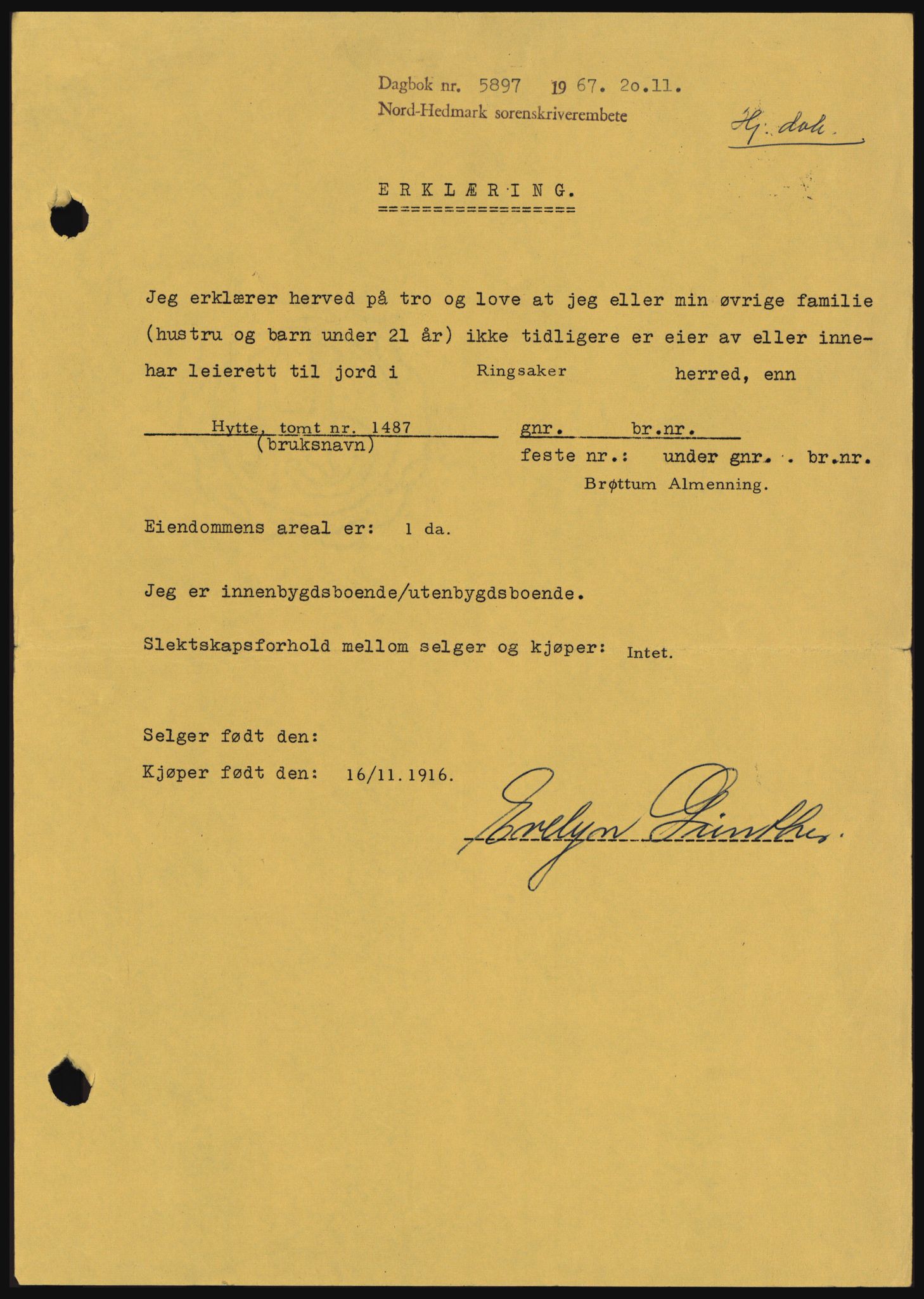 Nord-Hedmark sorenskriveri, SAH/TING-012/H/Hc/L0027: Mortgage book no. 27, 1967-1968, Diary no: : 5897/1967