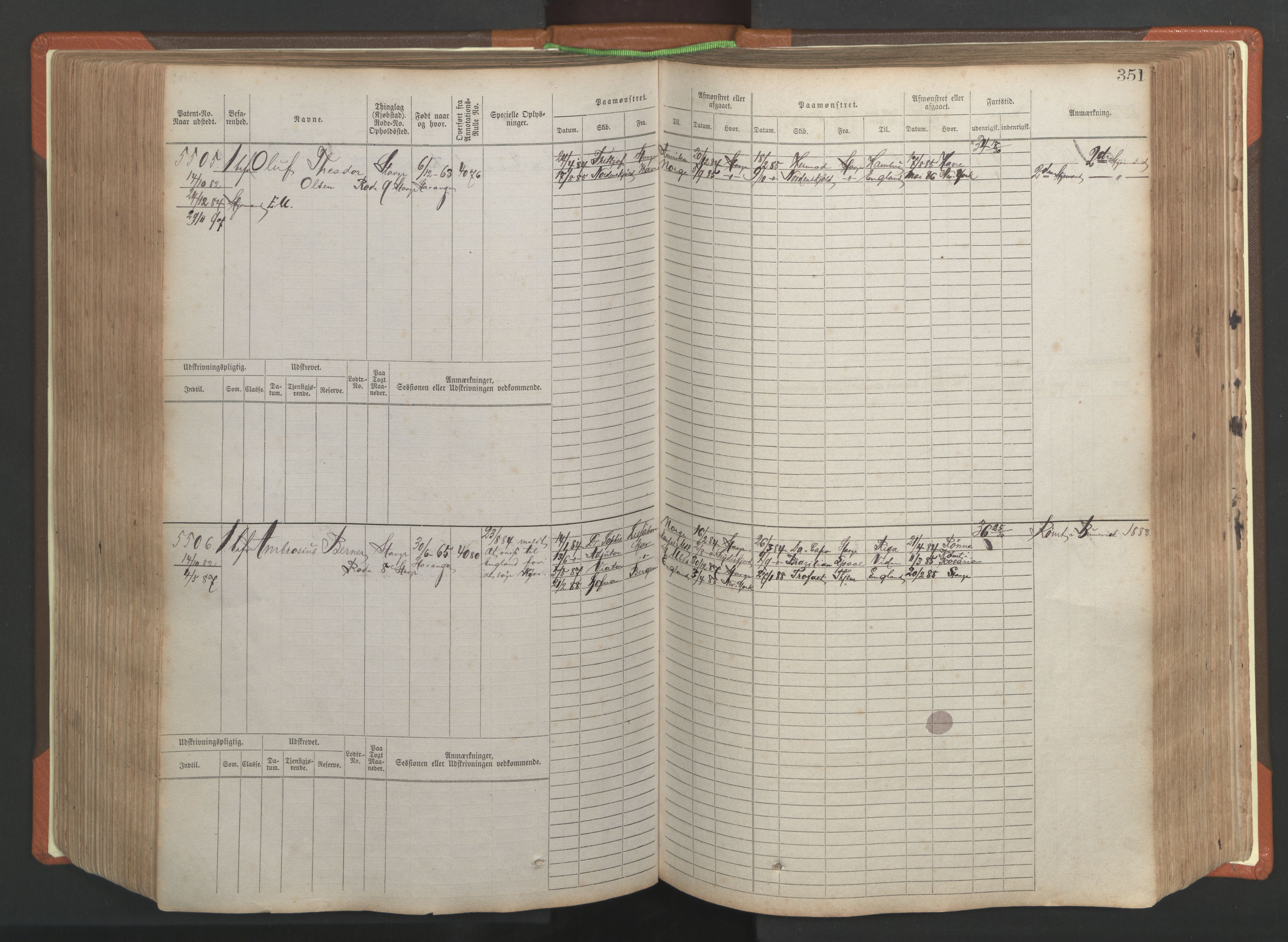 Stavanger sjømannskontor, AV/SAST-A-102006/F/Fb/Fbb/L0009: Sjøfartshovedrulle, patentnr. 4805-6006, 1879-1887, p. 357