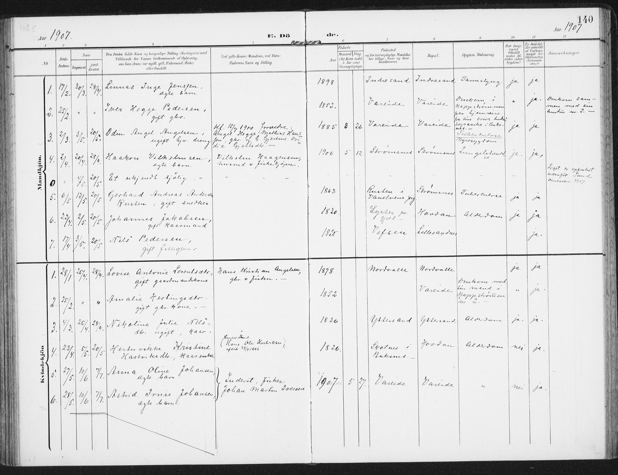 Ministerialprotokoller, klokkerbøker og fødselsregistre - Nordland, AV/SAT-A-1459/885/L1206: Parish register (official) no. 885A07, 1905-1915, p. 140