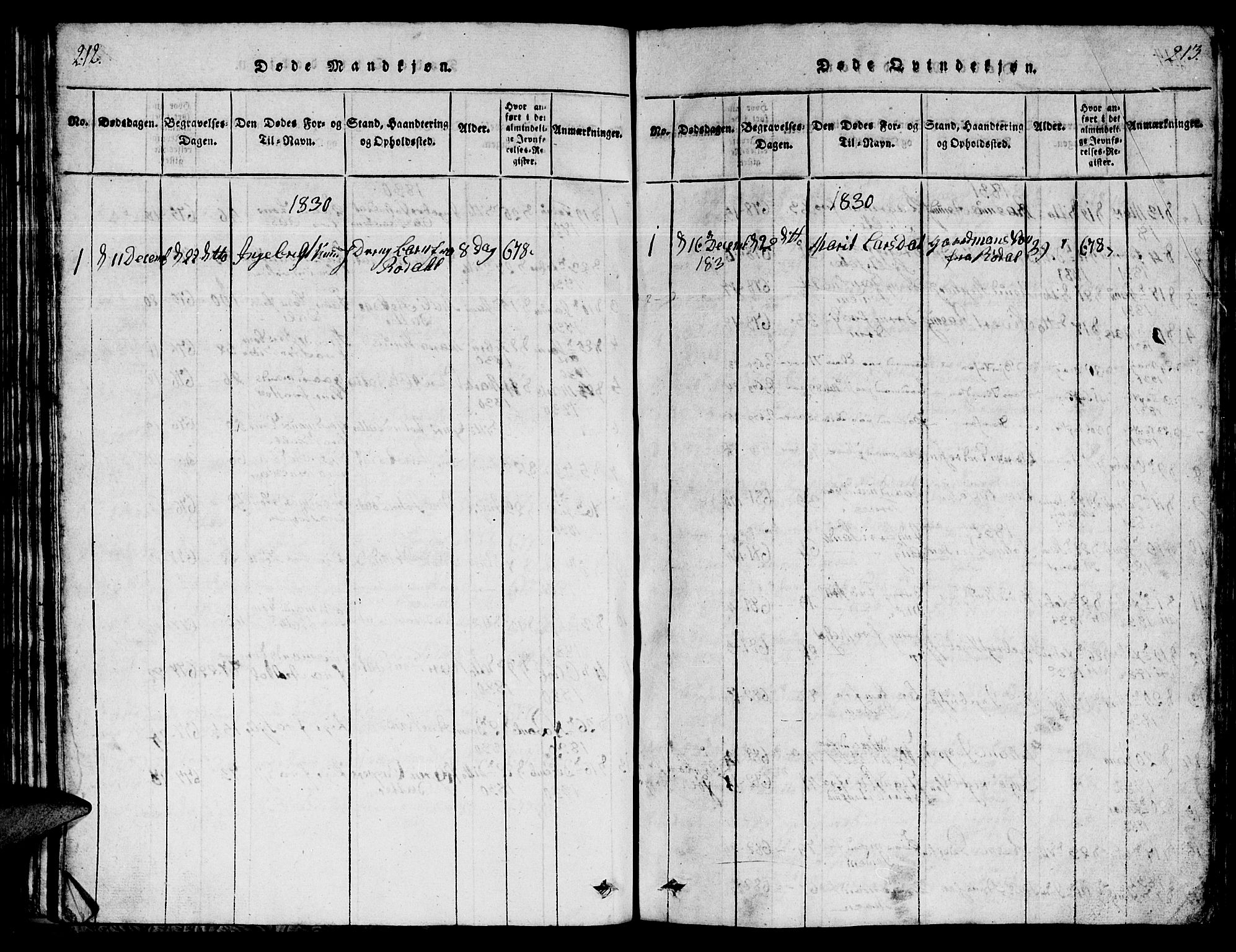 Ministerialprotokoller, klokkerbøker og fødselsregistre - Møre og Romsdal, AV/SAT-A-1454/565/L0752: Parish register (copy) no. 565C01, 1817-1844, p. 212-213