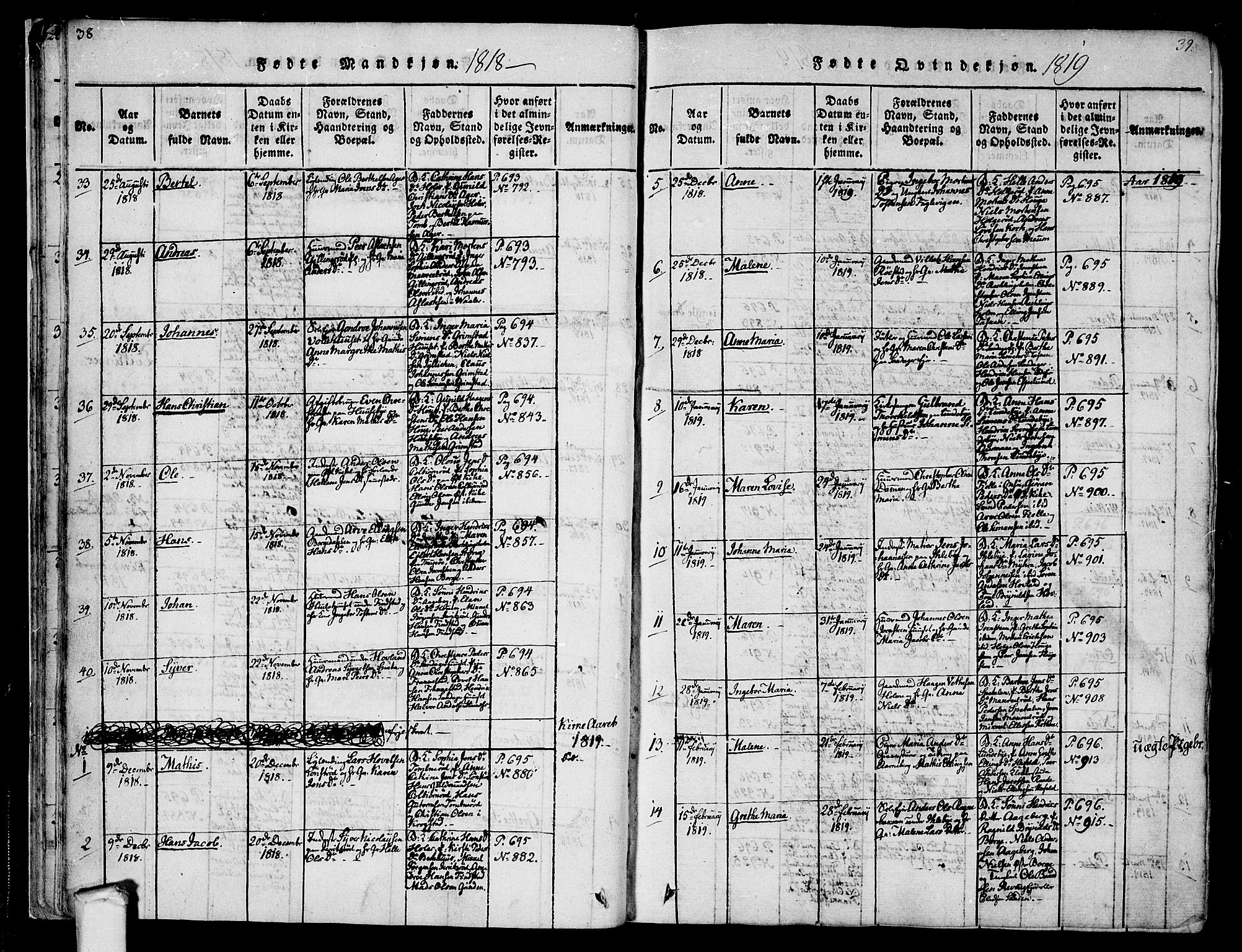 Råde prestekontor kirkebøker, SAO/A-2009/F/Fa/L0004: Parish register (official) no. 4, 1814-1830, p. 38-39