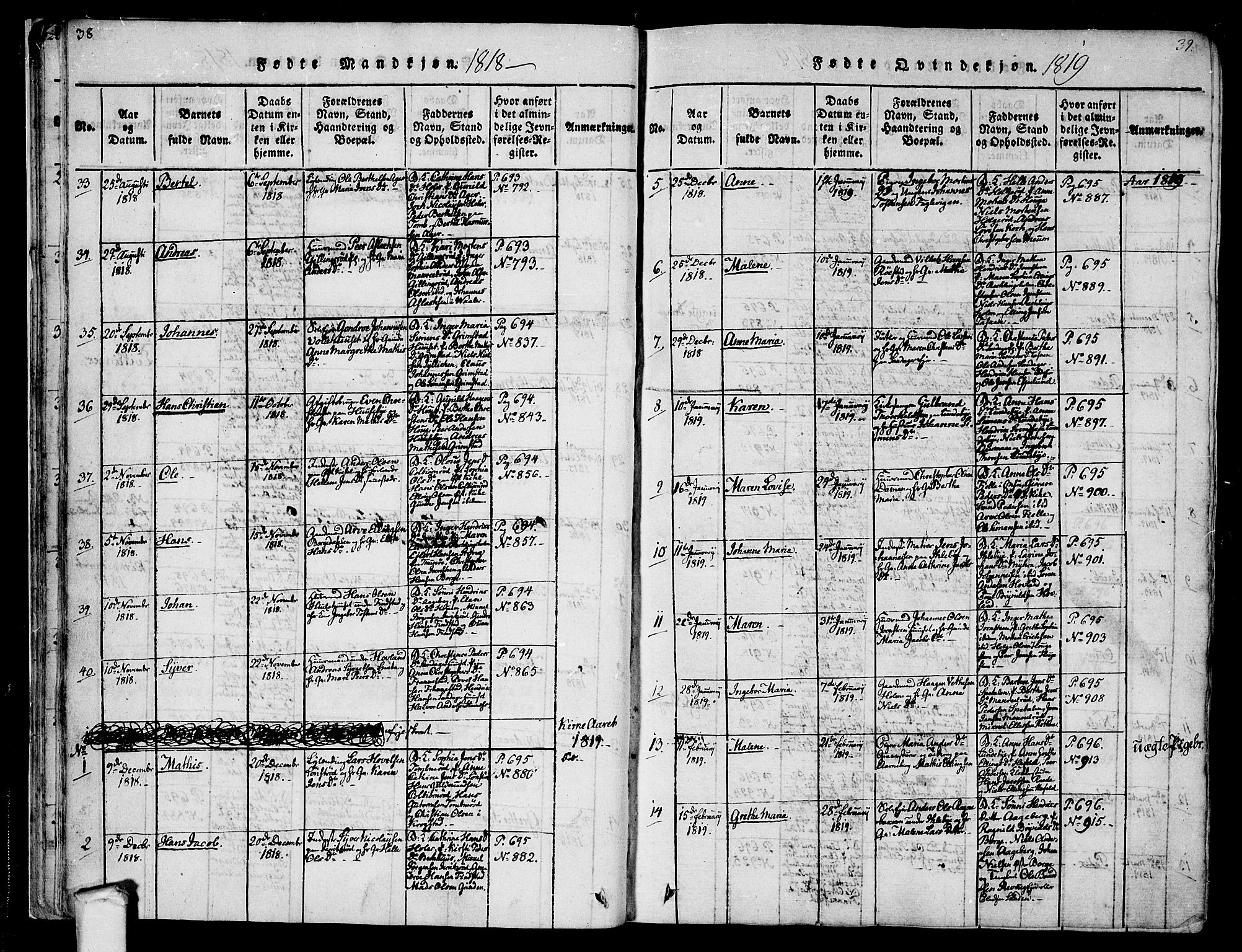 Råde prestekontor kirkebøker, AV/SAO-A-2009/F/Fa/L0004: Parish register (official) no. 4, 1814-1830, p. 38-39