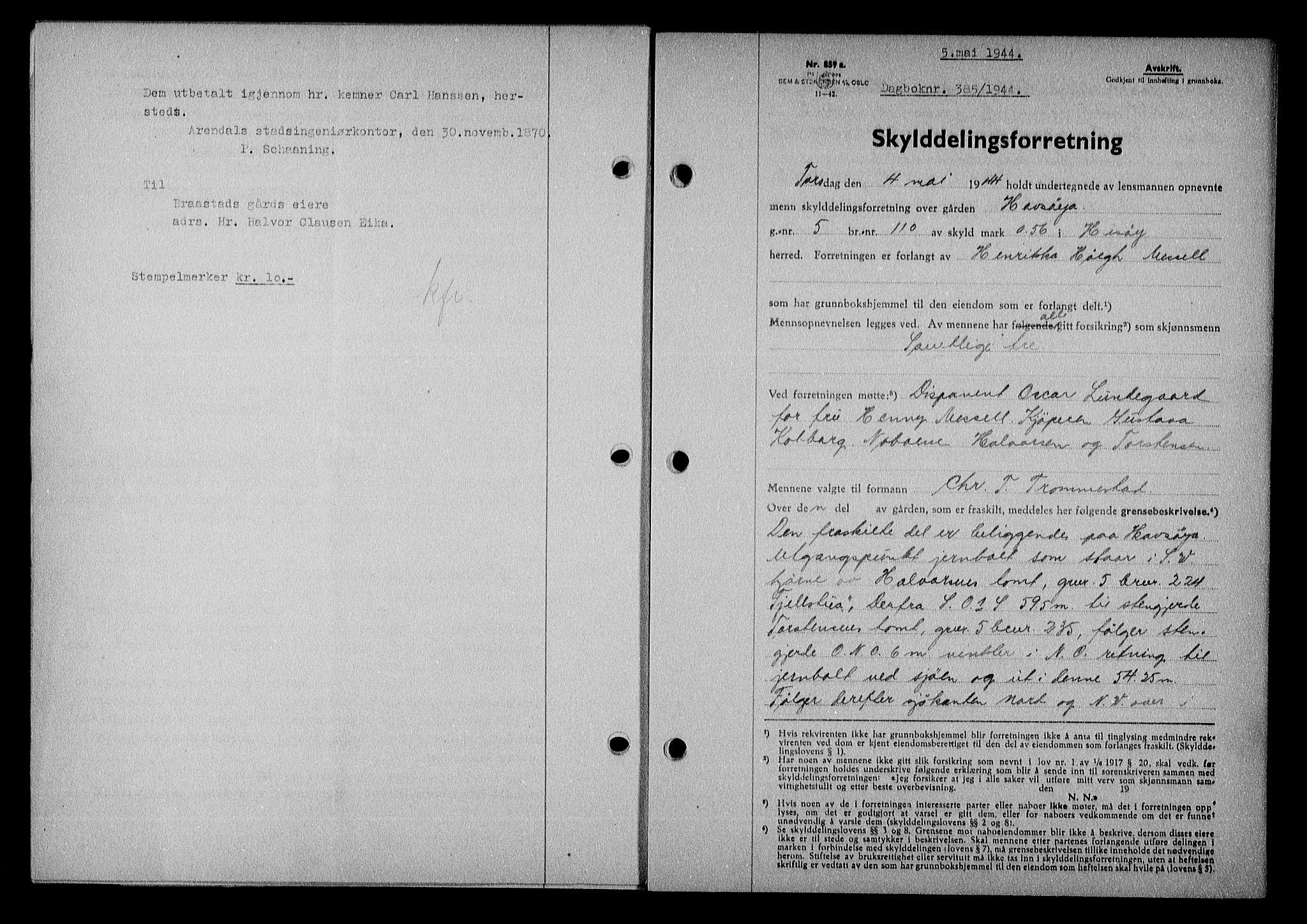 Nedenes sorenskriveri, SAK/1221-0006/G/Gb/Gba/L0051: Mortgage book no. A-V, 1943-1944, Diary no: : 385/1944
