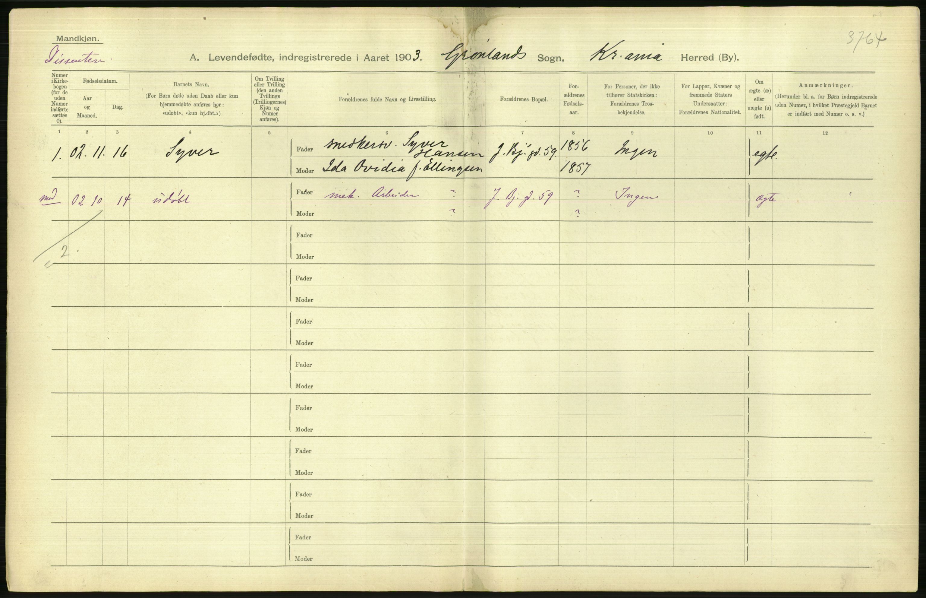 Statistisk sentralbyrå, Sosiodemografiske emner, Befolkning, AV/RA-S-2228/D/Df/Dfa/Dfaa/L0003: Kristiania: Fødte, 1903, p. 634