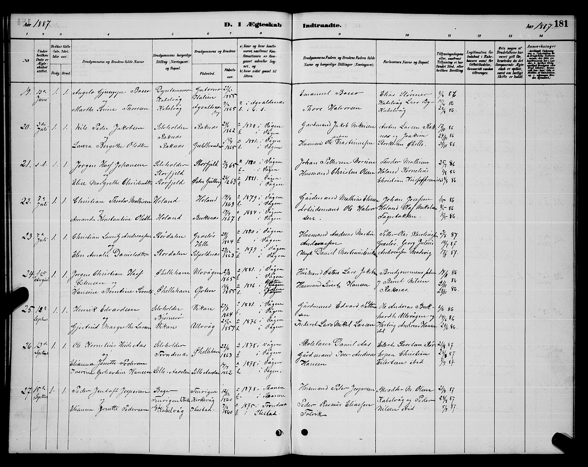 Ministerialprotokoller, klokkerbøker og fødselsregistre - Nordland, SAT/A-1459/874/L1076: Parish register (copy) no. 874C05, 1884-1890, p. 181