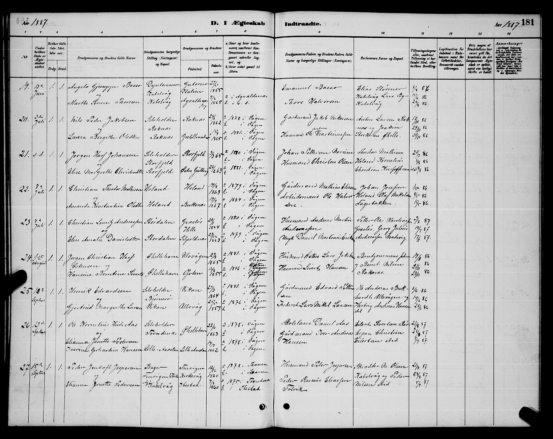 Ministerialprotokoller, klokkerbøker og fødselsregistre - Nordland, AV/SAT-A-1459/874/L1076: Parish register (copy) no. 874C05, 1884-1890, p. 181