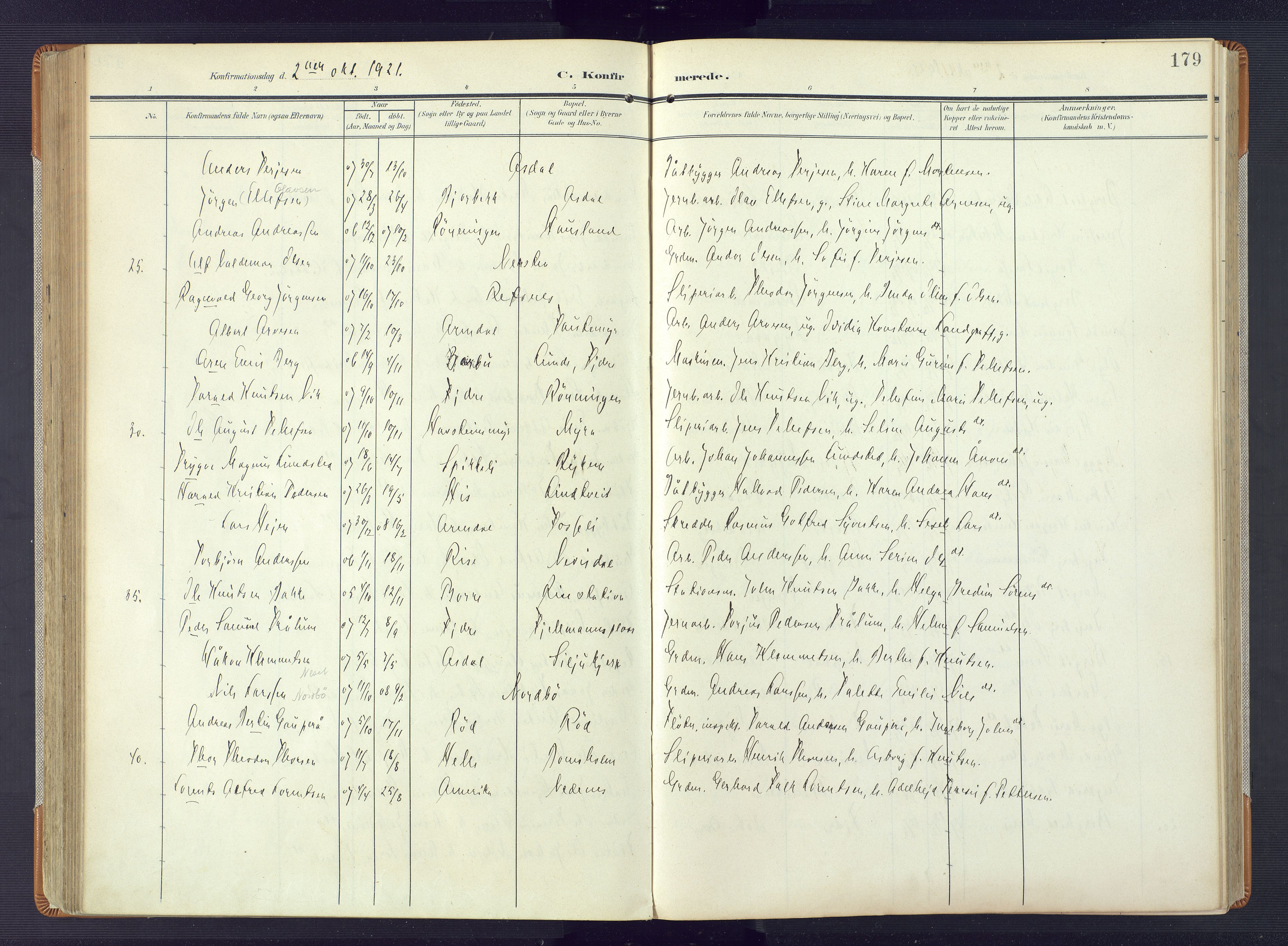 Øyestad sokneprestkontor, SAK/1111-0049/F/Fa/L0019: Parish register (official) no. A 19, 1908-1922, p. 179