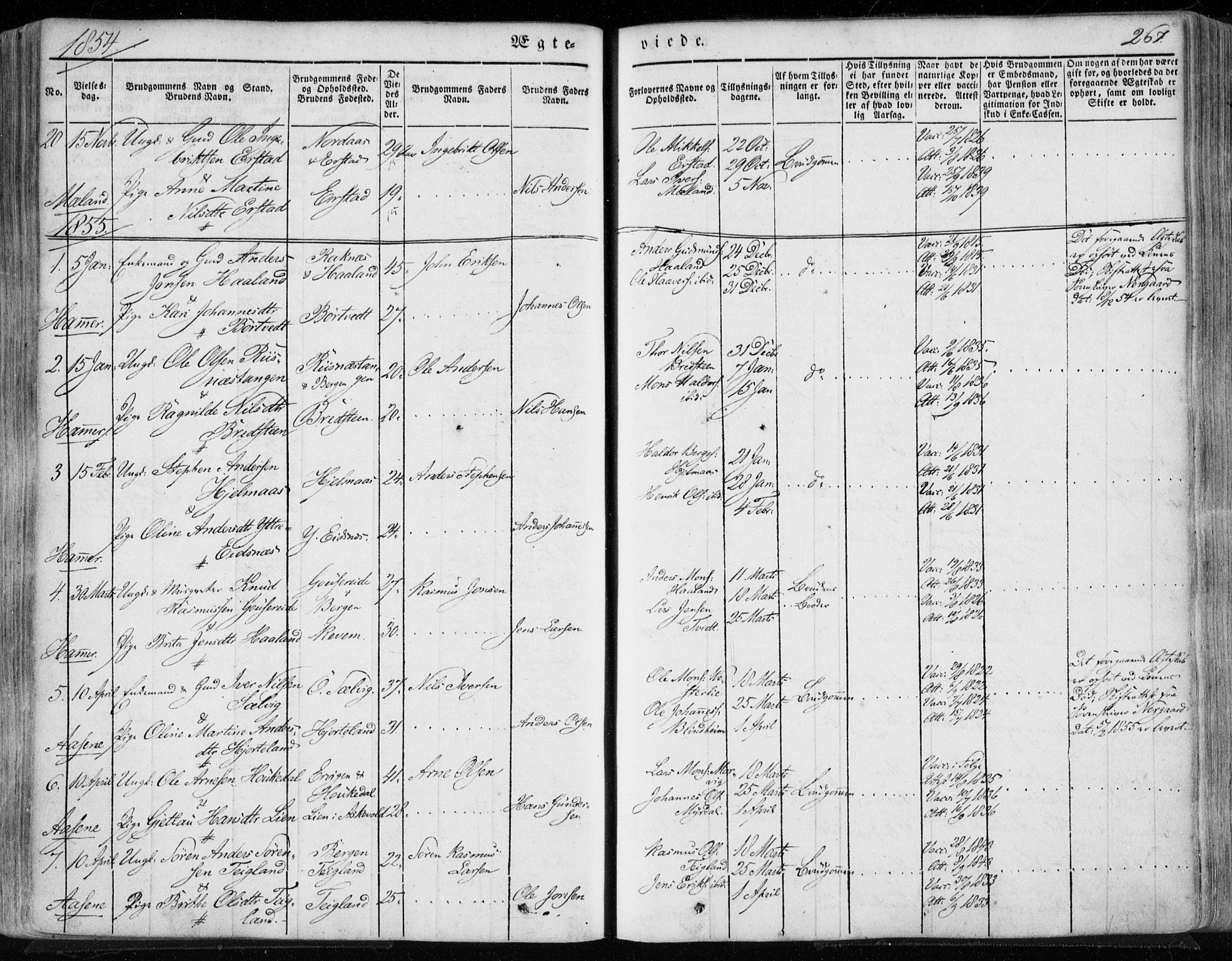 Hamre sokneprestembete, SAB/A-75501/H/Ha/Haa/Haaa/L0013: Parish register (official) no. A 13, 1846-1857, p. 267