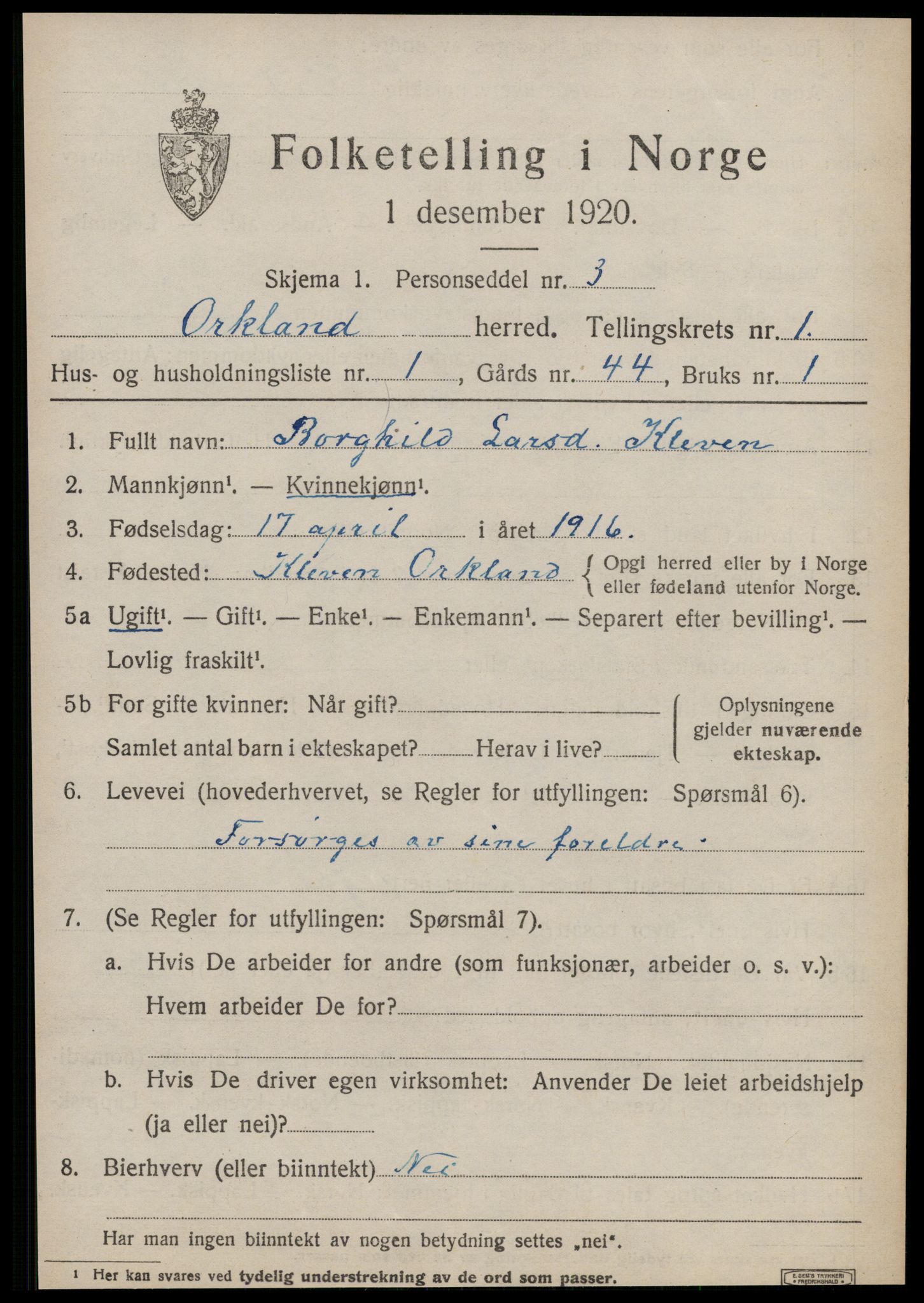 SAT, 1920 census for Orkland, 1920, p. 750
