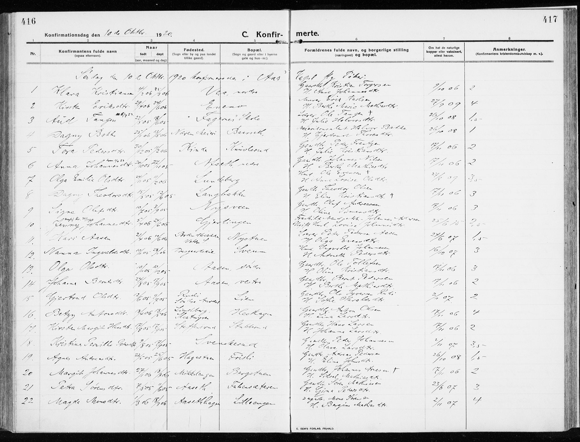 Ringsaker prestekontor, AV/SAH-PREST-014/K/Ka/L0020: Parish register (official) no. 20, 1913-1922, p. 416-417