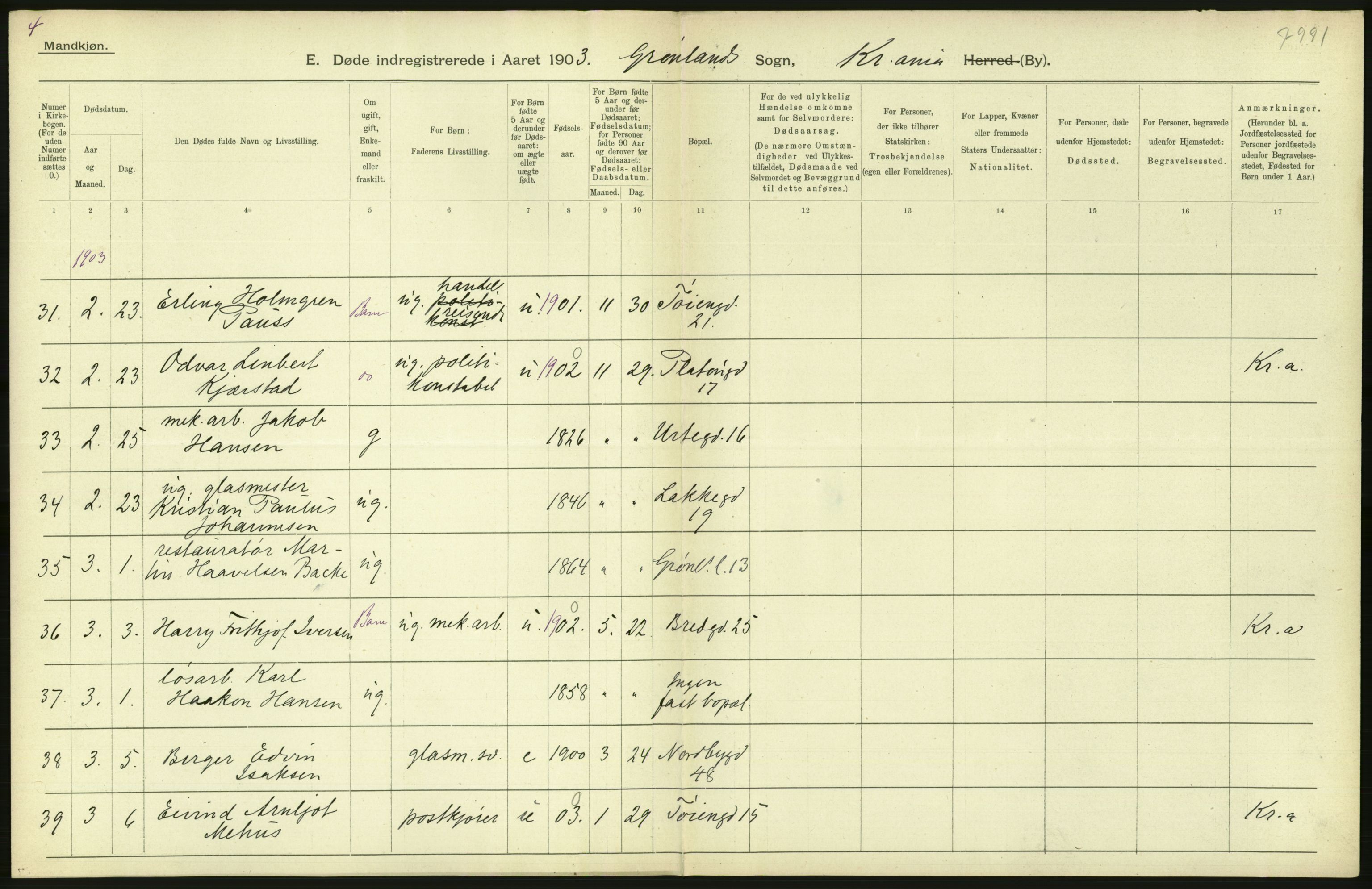 Statistisk sentralbyrå, Sosiodemografiske emner, Befolkning, AV/RA-S-2228/D/Df/Dfa/Dfaa/L0004: Kristiania: Gifte, døde, 1903, p. 382