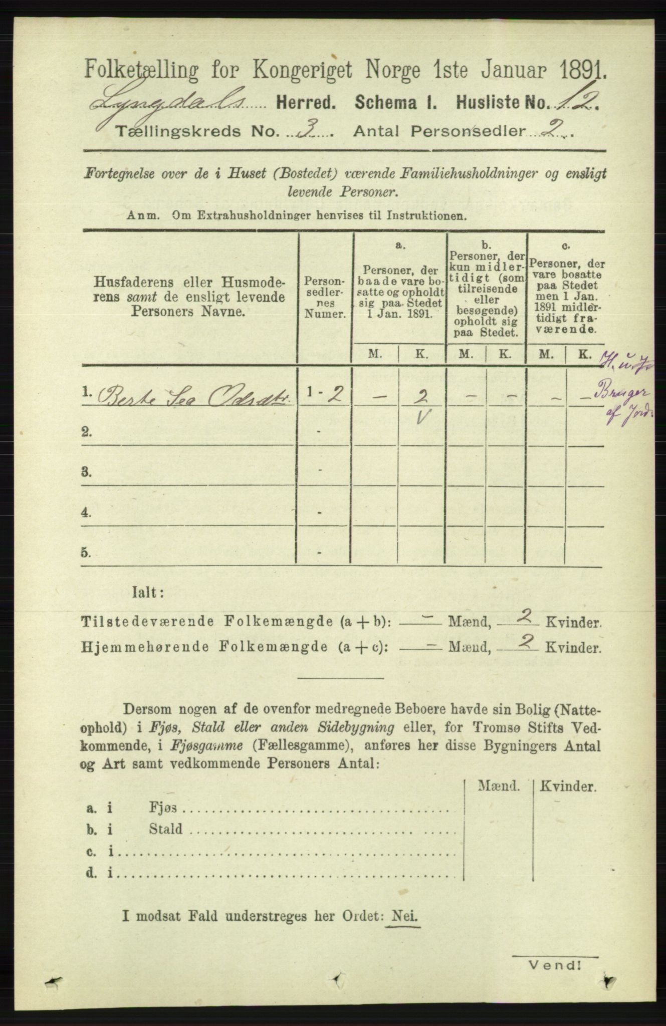 RA, 1891 census for 1032 Lyngdal, 1891, p. 1041