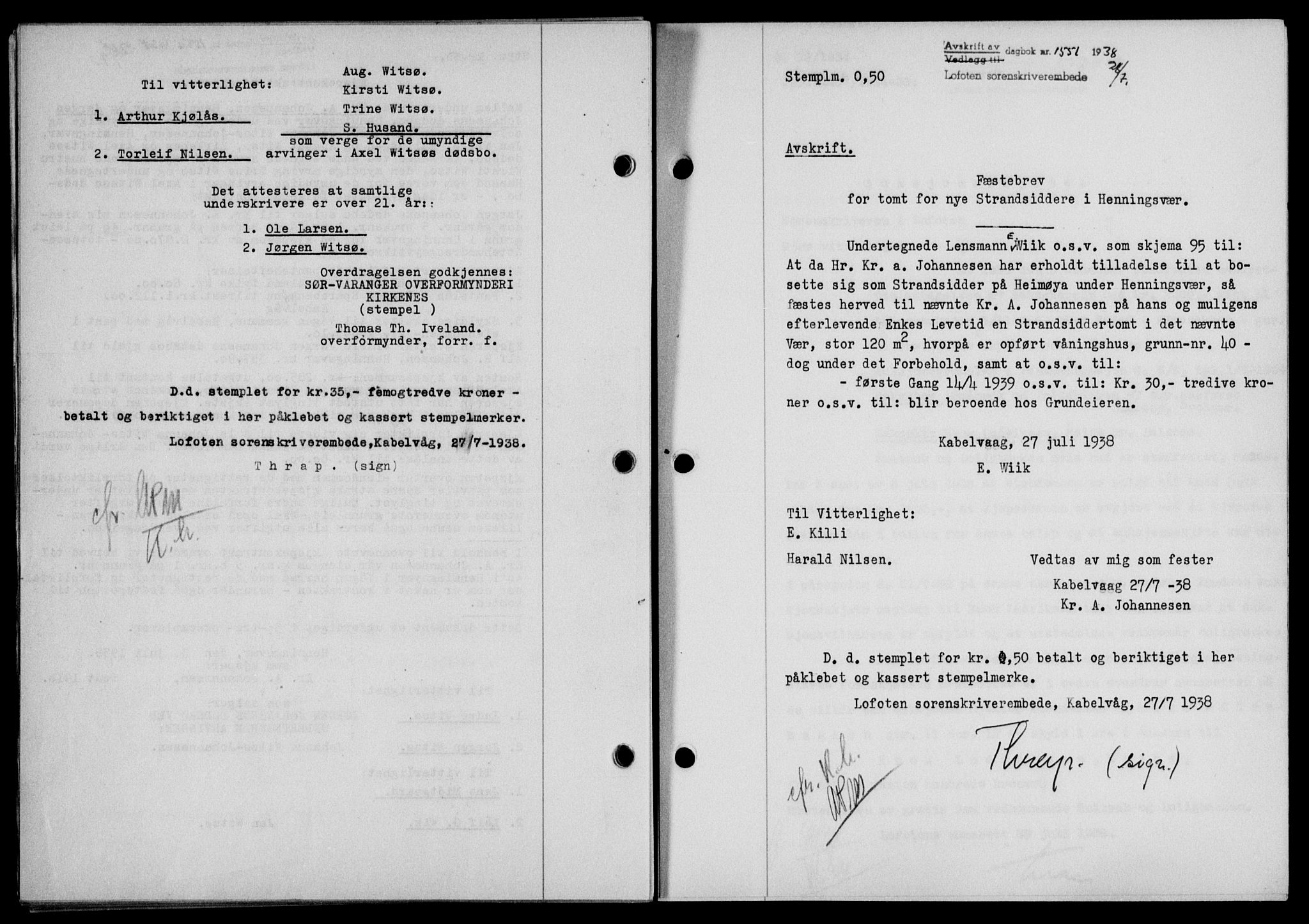 Lofoten sorenskriveri, SAT/A-0017/1/2/2C/L0004a: Mortgage book no. 4a, 1938-1938, Diary no: : 1551/1938