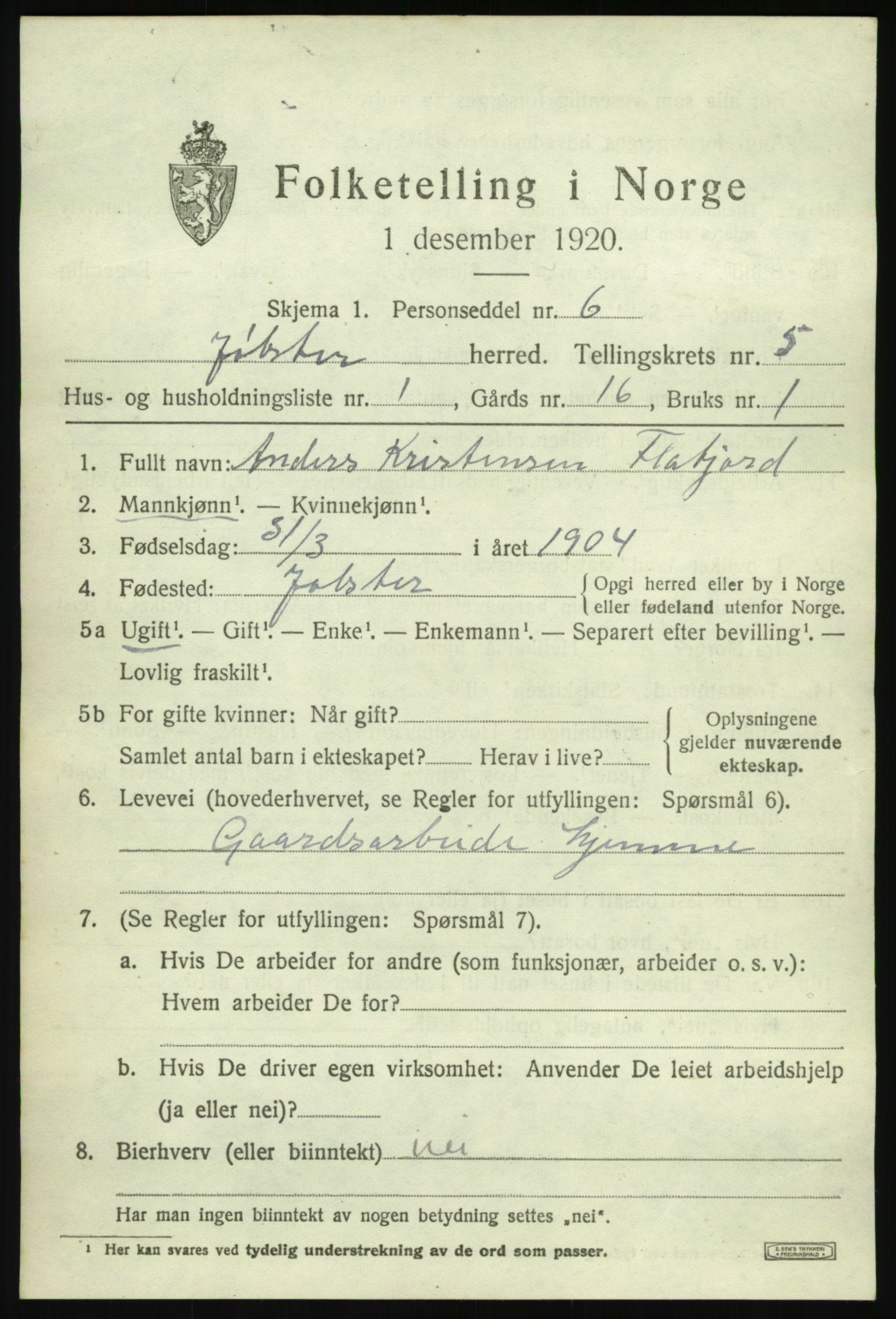 SAB, 1920 census for Jølster, 1920, p. 2936