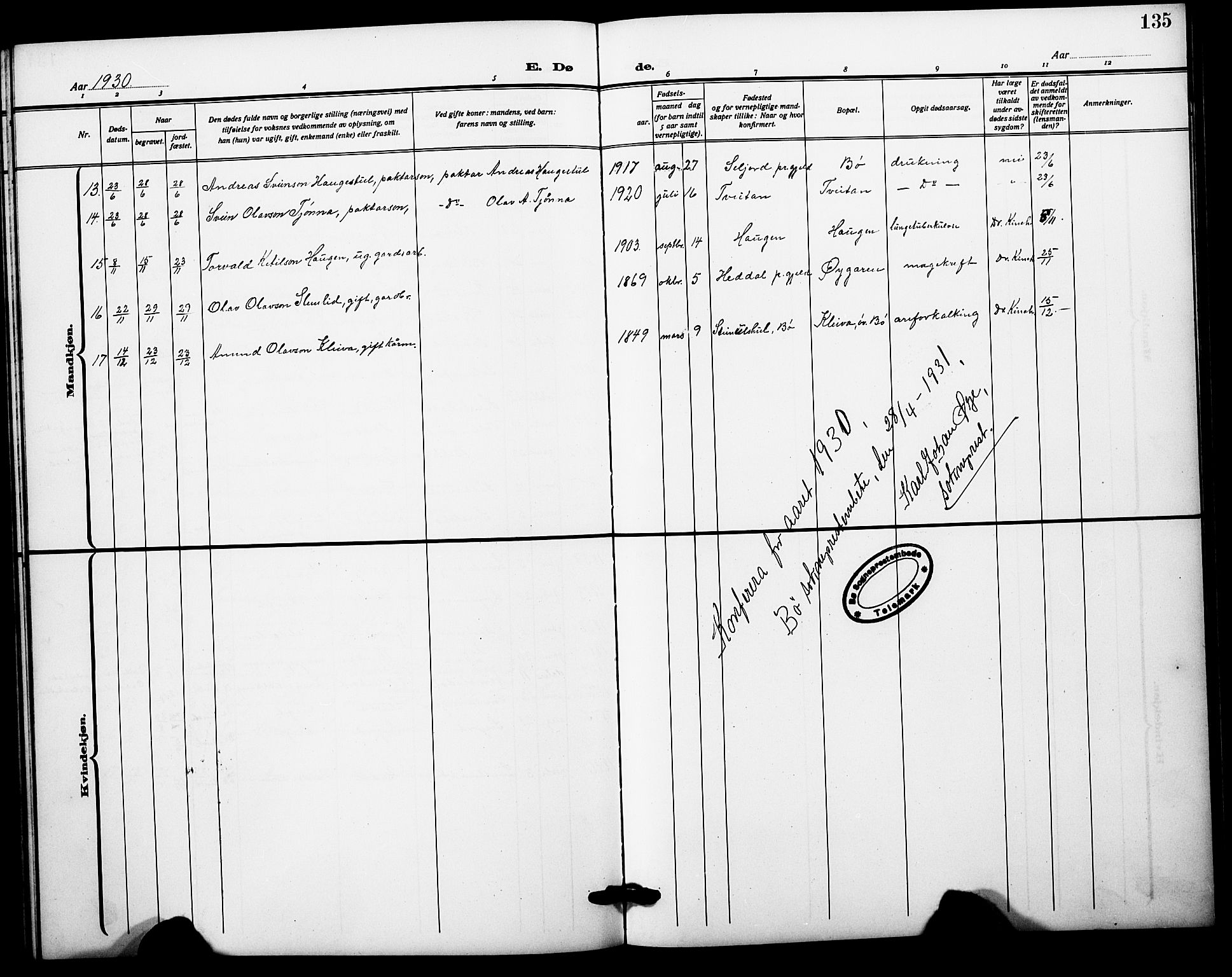 Bø kirkebøker, AV/SAKO-A-257/G/Ga/L0008: Parish register (copy) no. 8, 1920-1930, p. 135