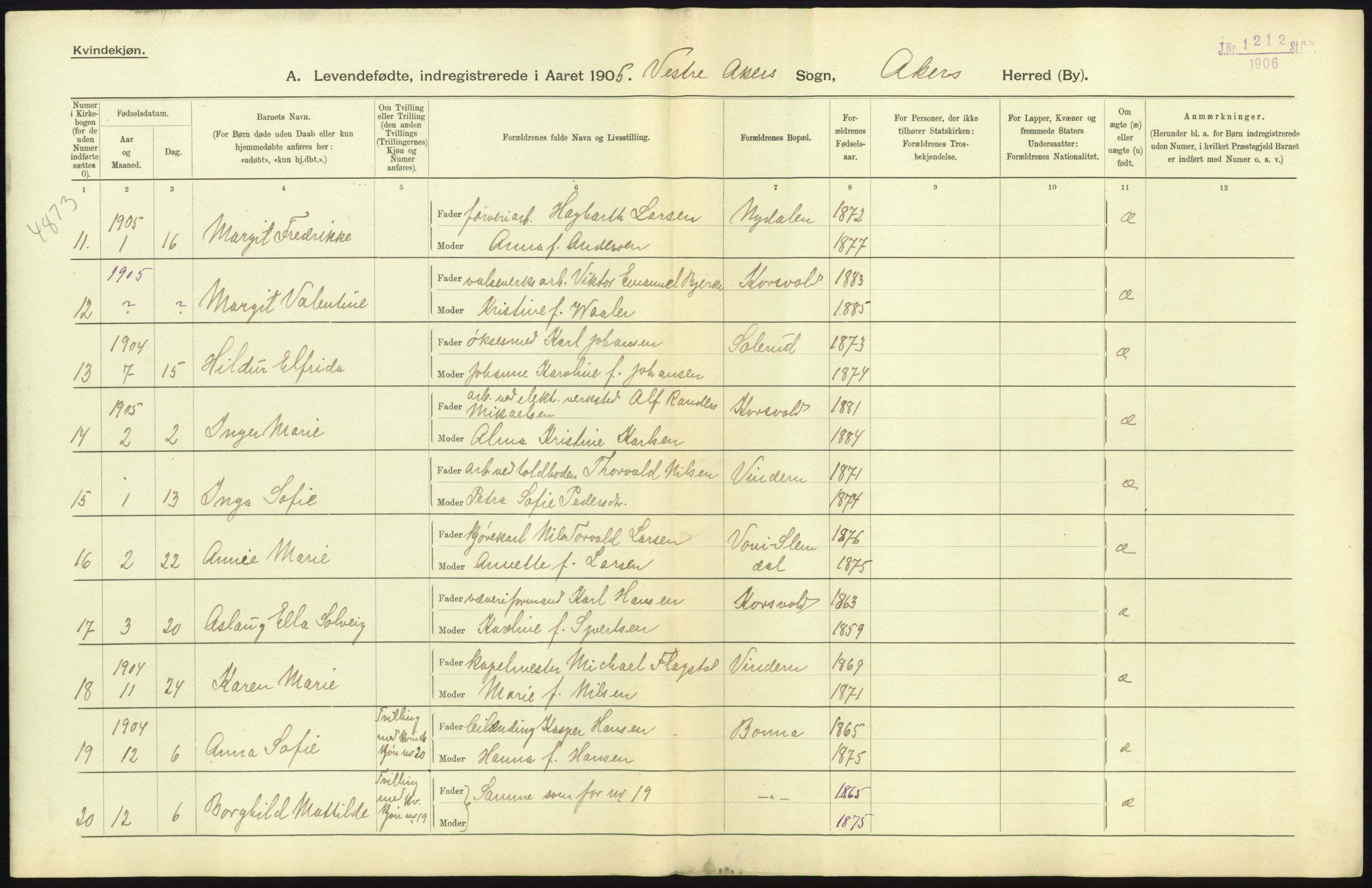 Statistisk sentralbyrå, Sosiodemografiske emner, Befolkning, RA/S-2228/D/Df/Dfa/Dfac/L0004: Akershus amt: Fødte. Bygder., 1905, p. 35