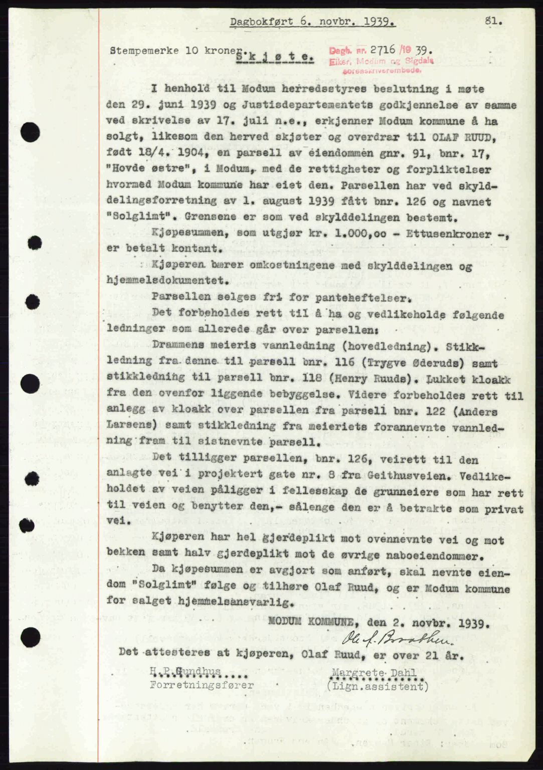 Eiker, Modum og Sigdal sorenskriveri, SAKO/A-123/G/Ga/Gab/L0041: Mortgage book no. A11, 1939-1940, Diary no: : 2716/1939
