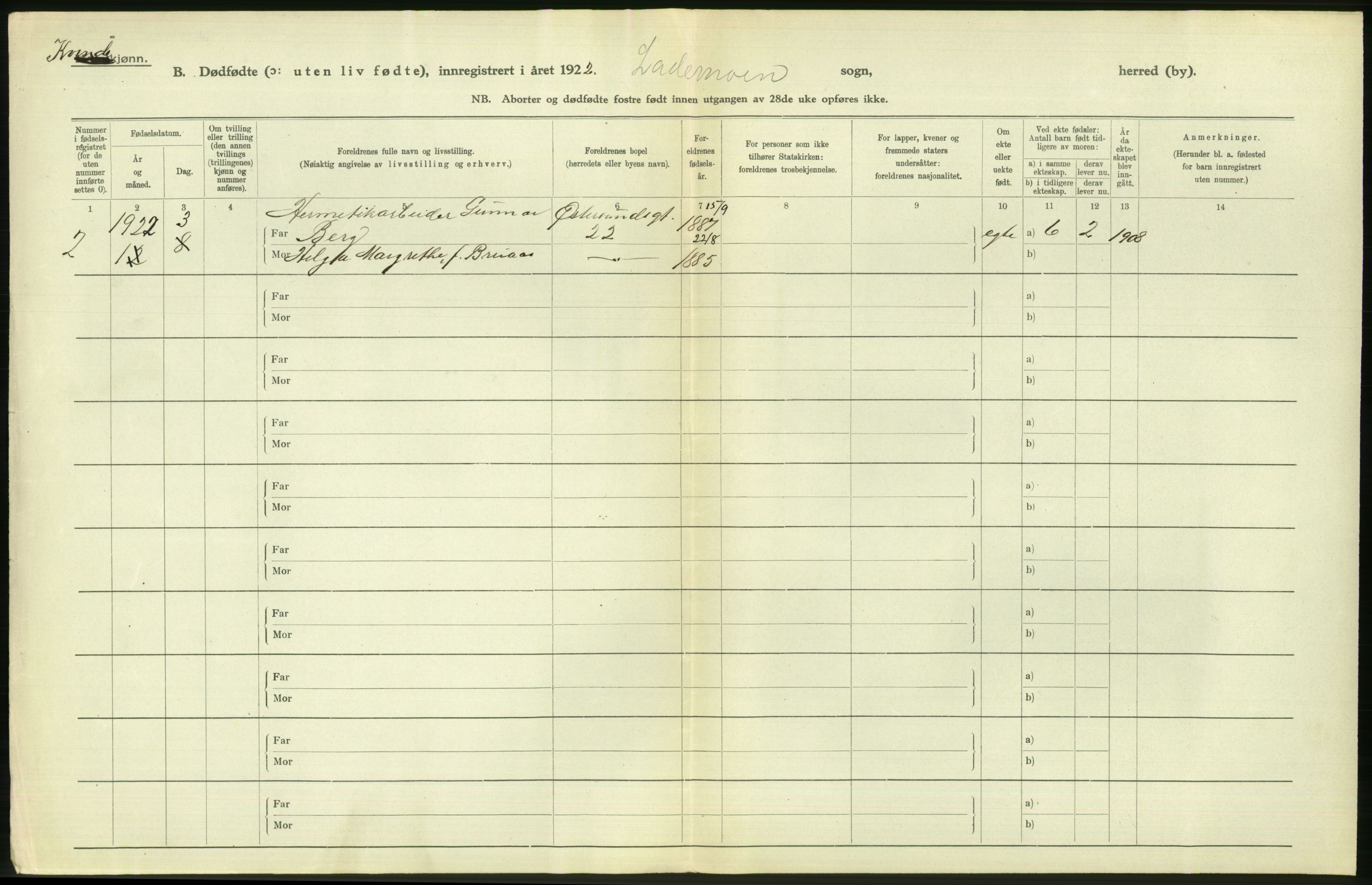 Statistisk sentralbyrå, Sosiodemografiske emner, Befolkning, AV/RA-S-2228/D/Df/Dfc/Dfcb/L0040: Trondheim: Gifte, døde, dødfødte., 1922, p. 496