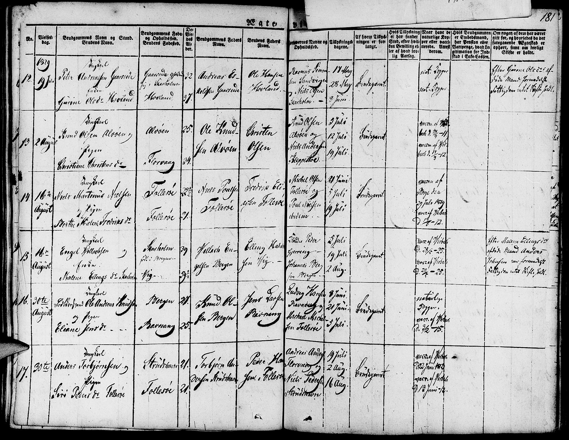 Askøy Sokneprestembete, SAB/A-74101/H/Ha/Haa/Haaa/L0004: Parish register (official) no. A 4, 1825-1845, p. 181