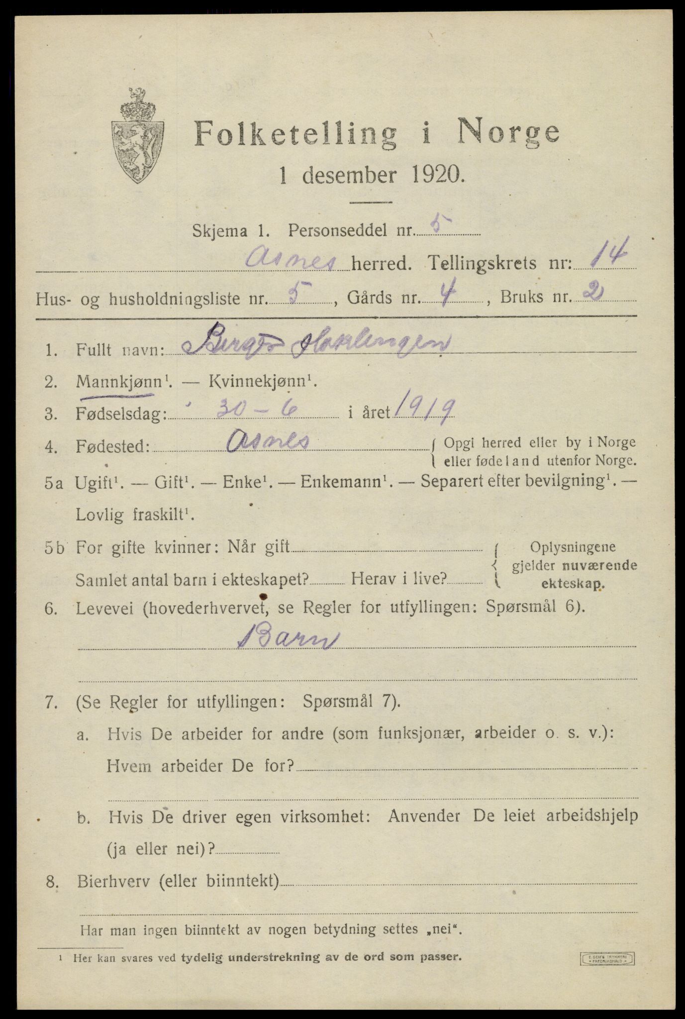 SAH, 1920 census for Åsnes, 1920, p. 13424