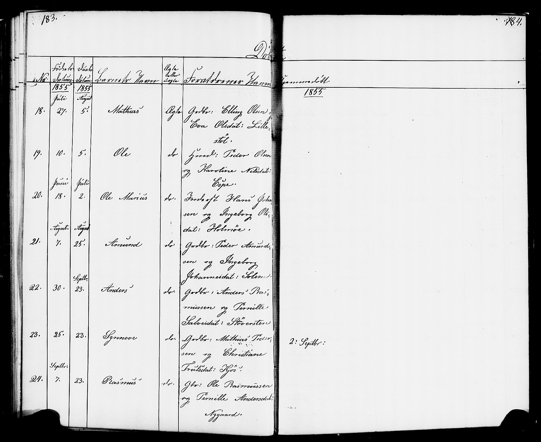 Hornindal sokneprestembete, AV/SAB-A-82401/H/Haa/Haaa/L0001: Parish register (official) no. A 1, 1837-1866, p. 184-185