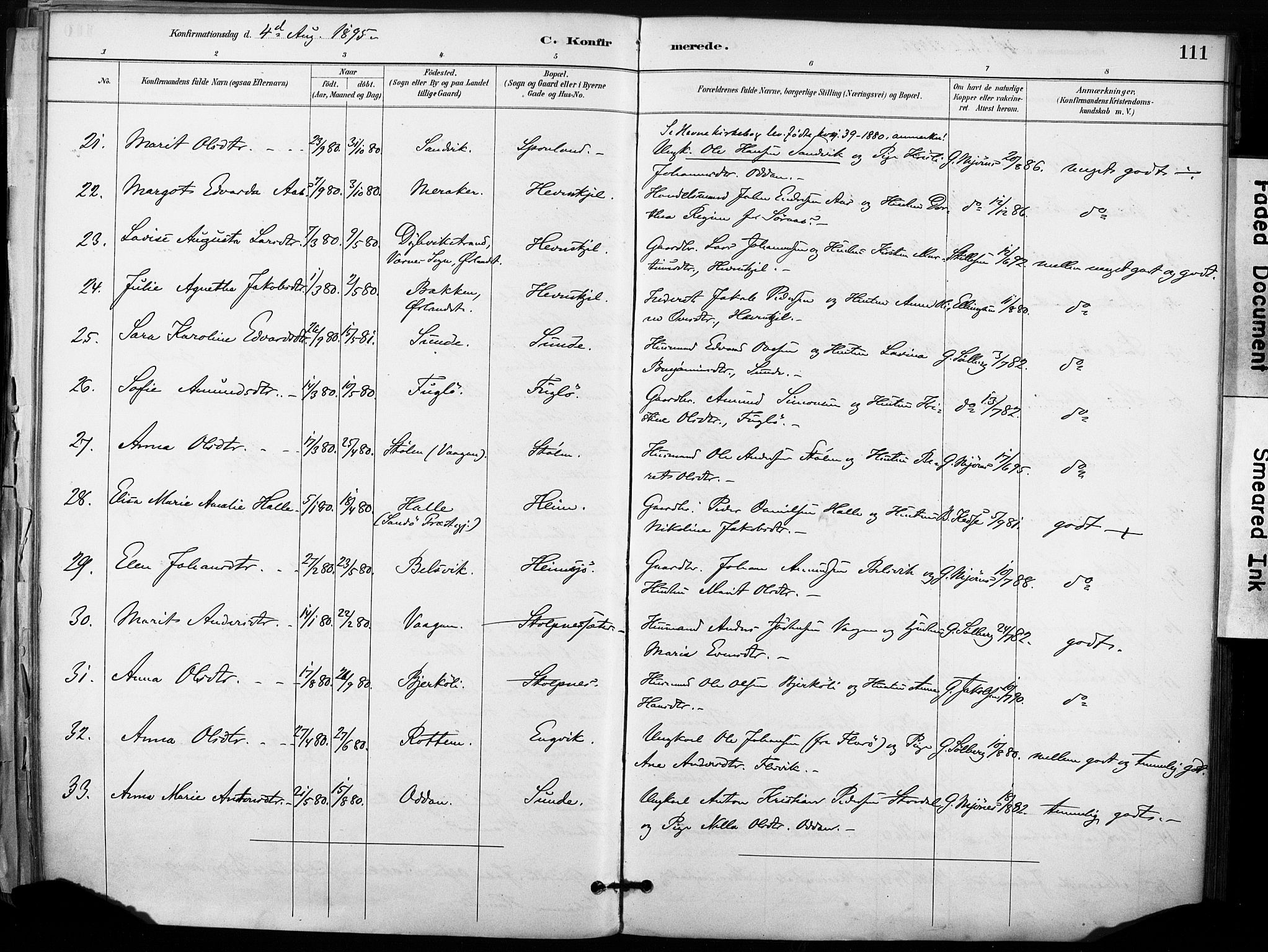 Ministerialprotokoller, klokkerbøker og fødselsregistre - Sør-Trøndelag, AV/SAT-A-1456/633/L0518: Parish register (official) no. 633A01, 1884-1906, p. 111