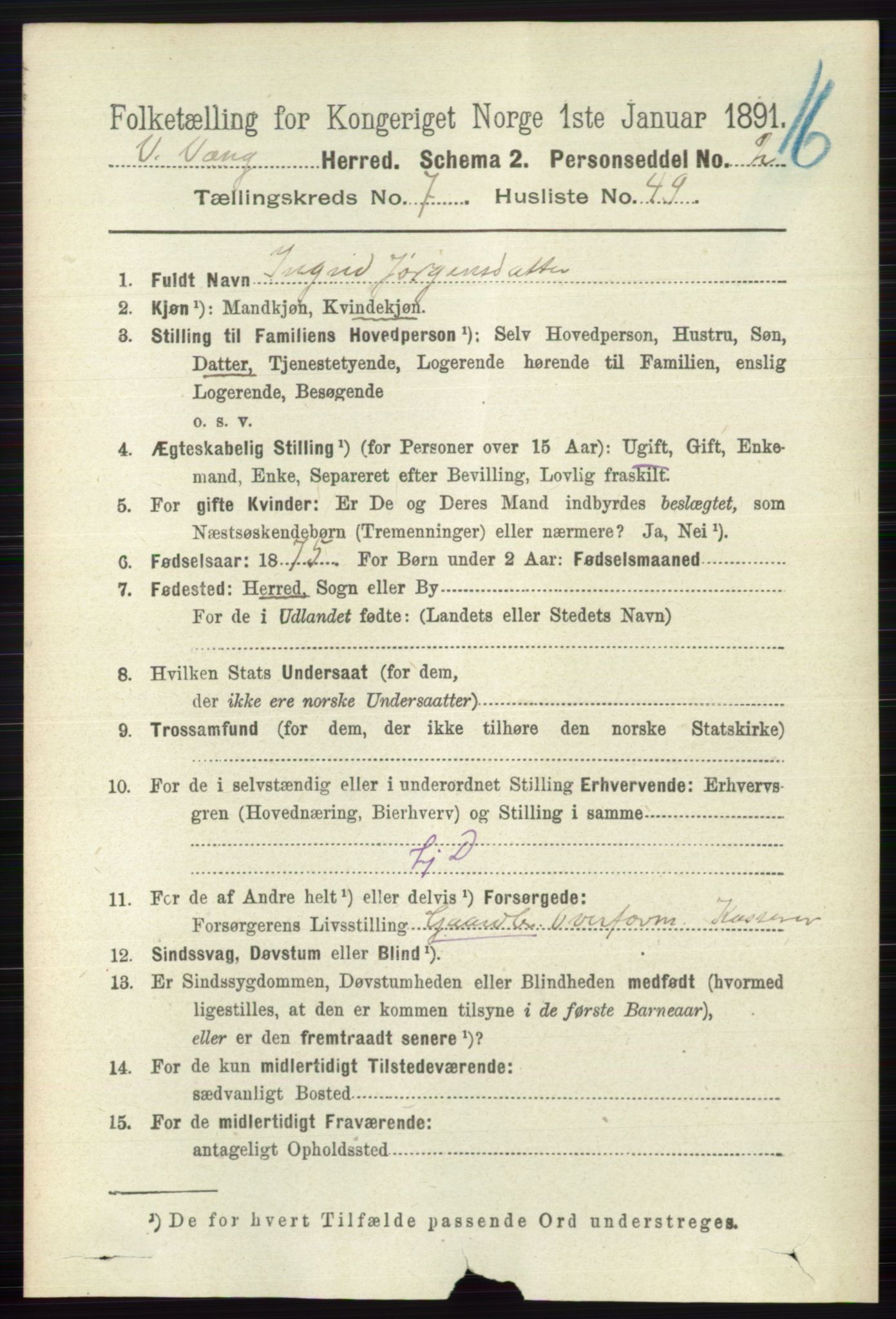 RA, 1891 census for 0545 Vang, 1891, p. 1710