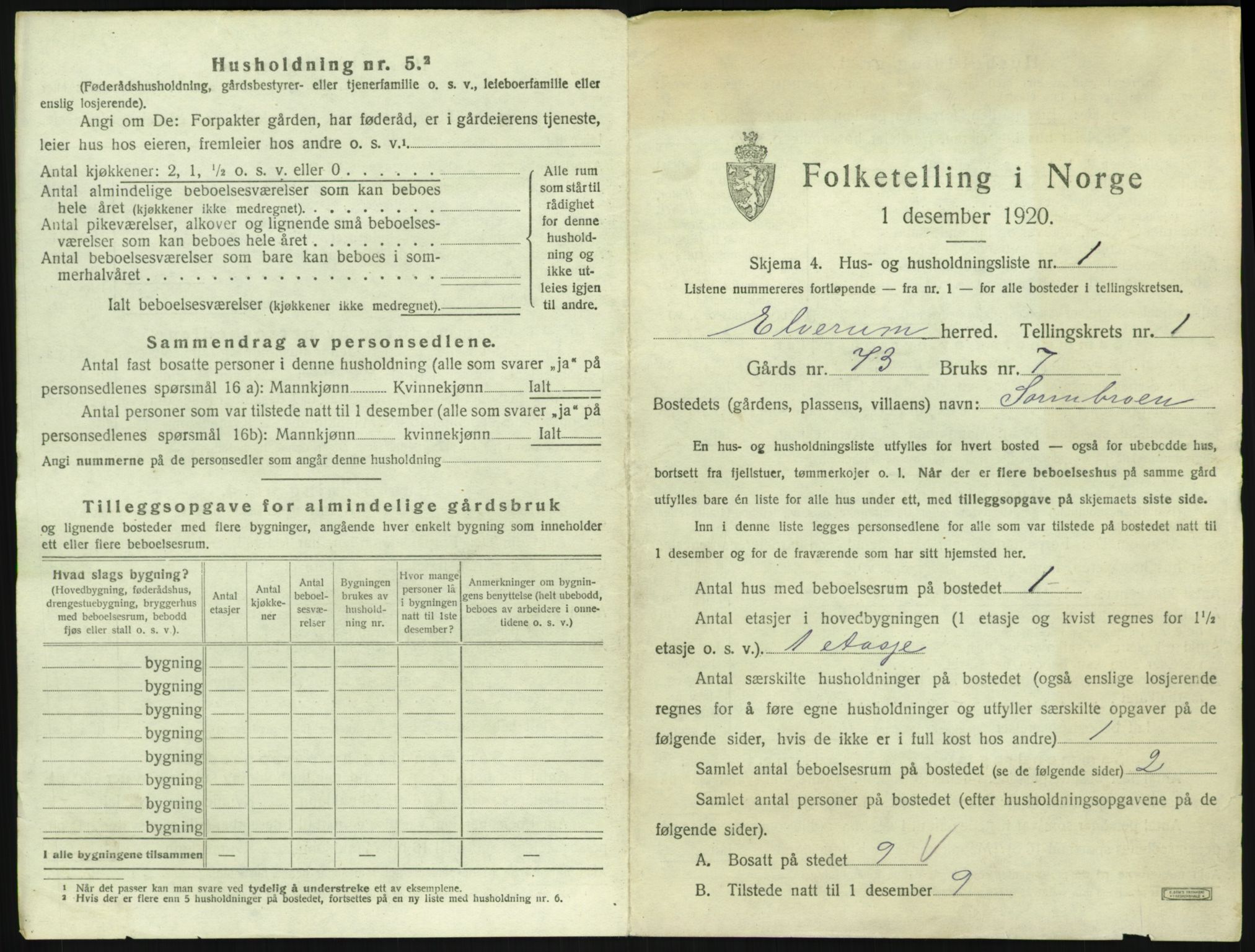 SAH, 1920 census for Elverum, 1920, p. 102