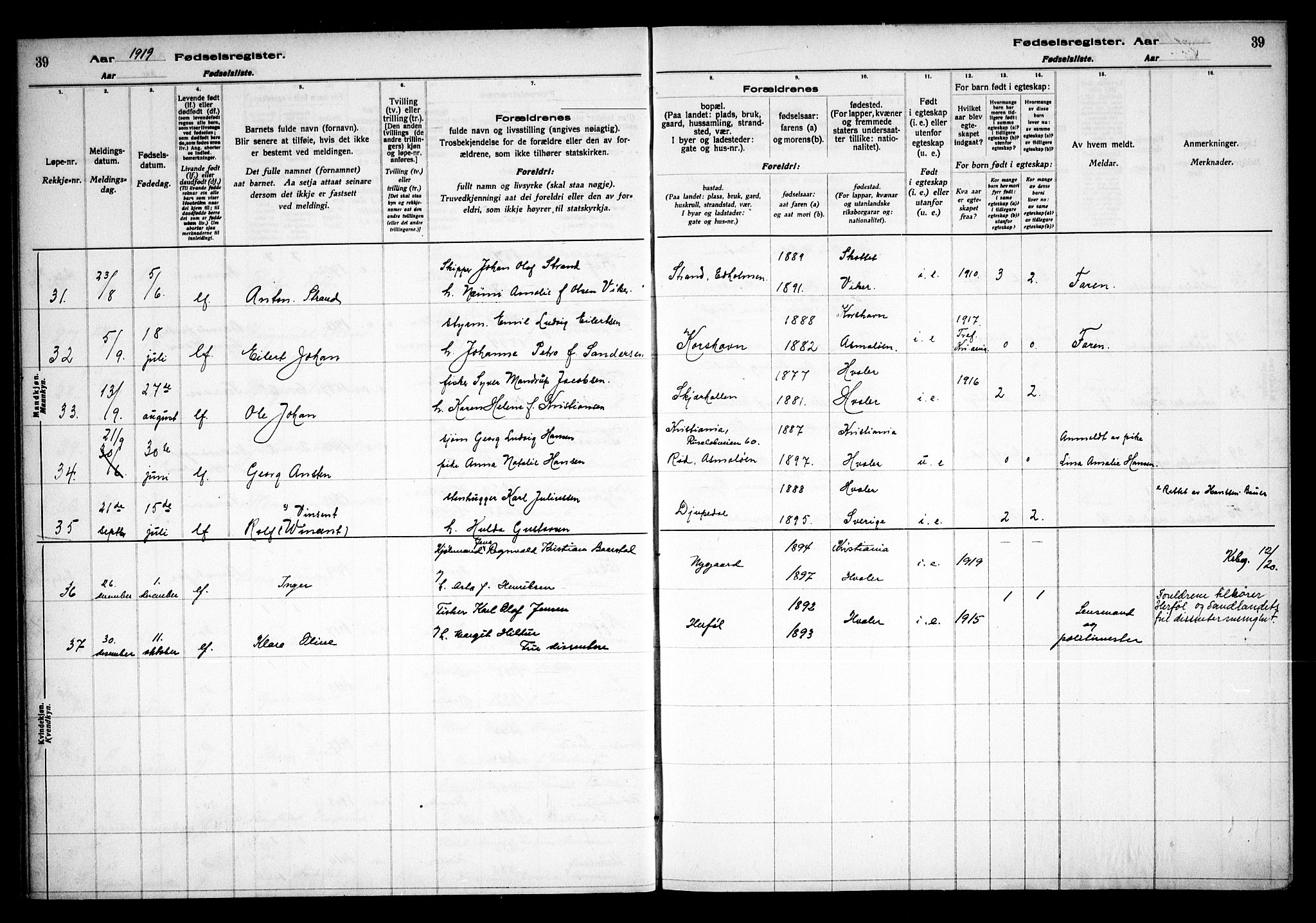 Hvaler prestekontor Kirkebøker, AV/SAO-A-2001/J/Ja/L0001: Birth register no. I 1, 1916-1938, p. 39