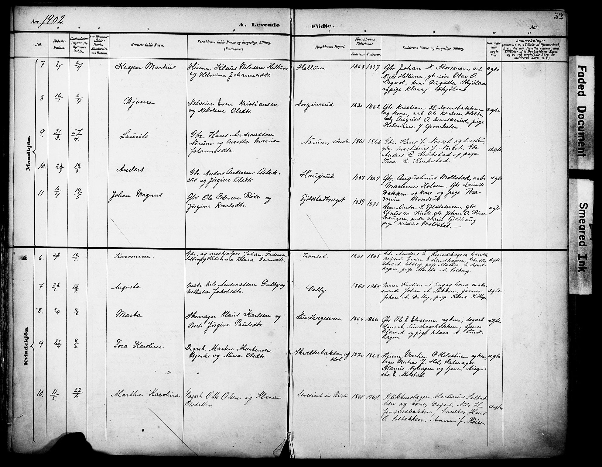 Vestre Toten prestekontor, SAH/PREST-108/H/Ha/Haa/L0013: Parish register (official) no. 13, 1895-1911, p. 52