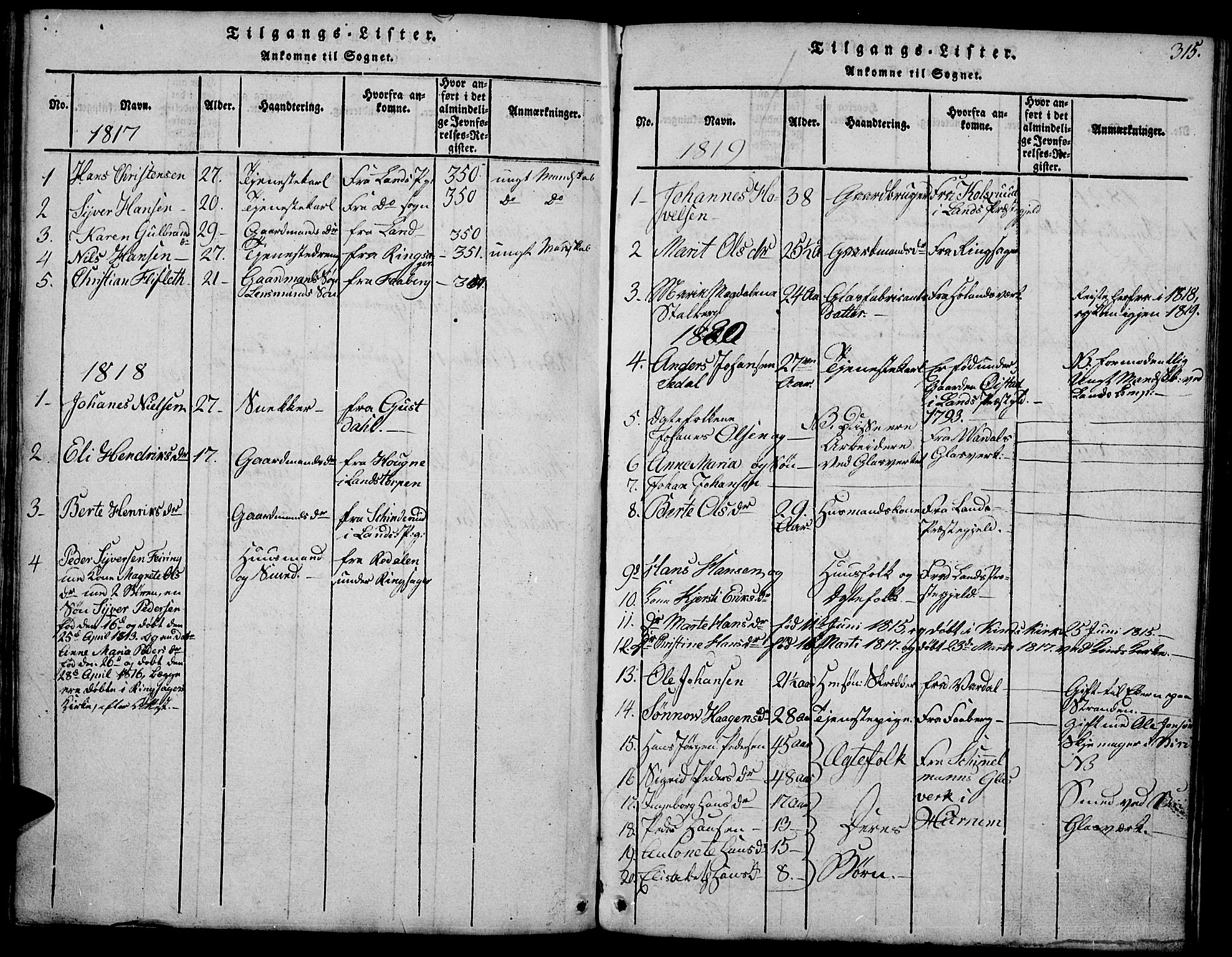Biri prestekontor, SAH/PREST-096/H/Ha/Hab/L0001: Parish register (copy) no. 1, 1814-1828, p. 315