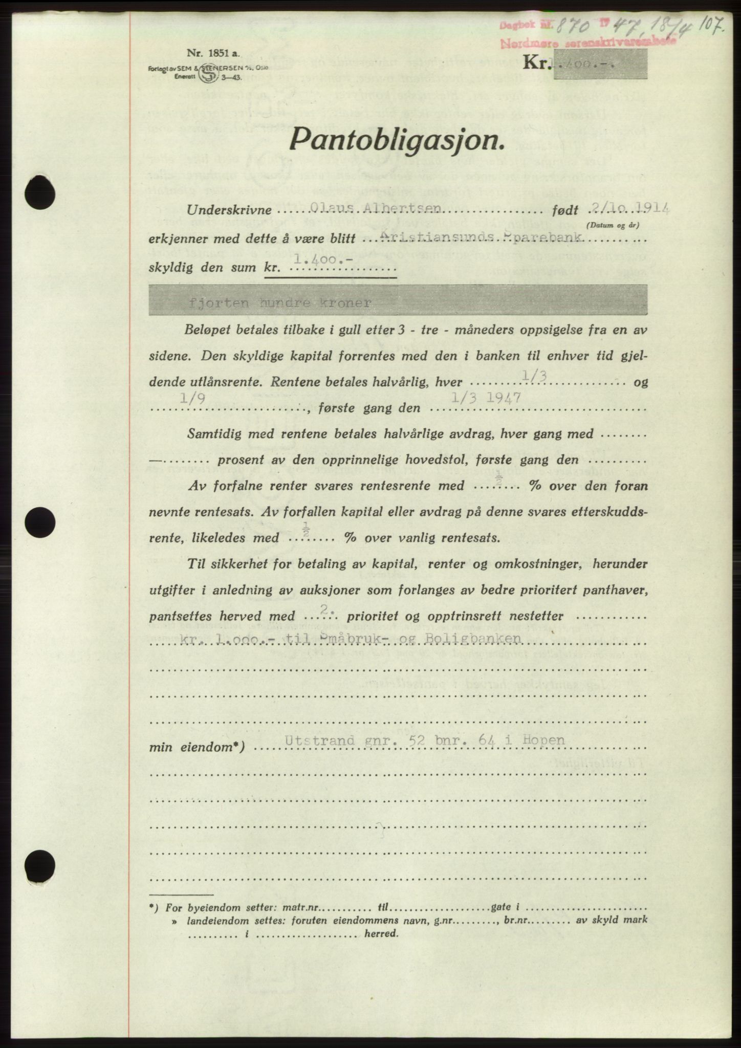 Nordmøre sorenskriveri, AV/SAT-A-4132/1/2/2Ca: Mortgage book no. B96, 1947-1947, Diary no: : 870/1947