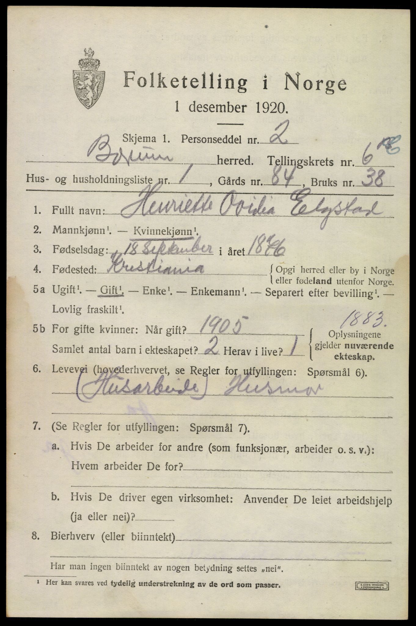 SAO, 1920 census for Bærum, 1920, p. 15020
