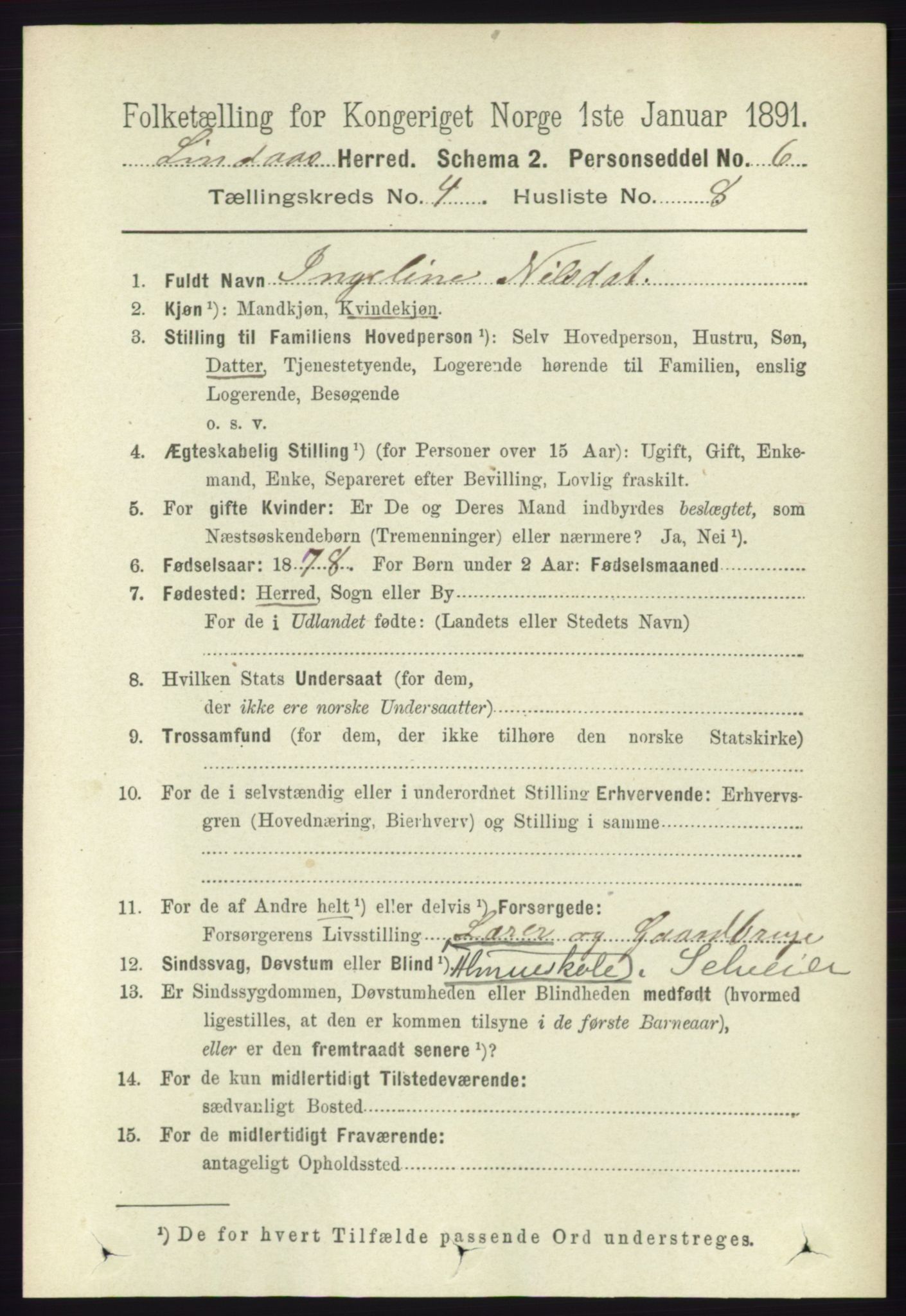 RA, 1891 census for 1263 Lindås, 1891, p. 1182