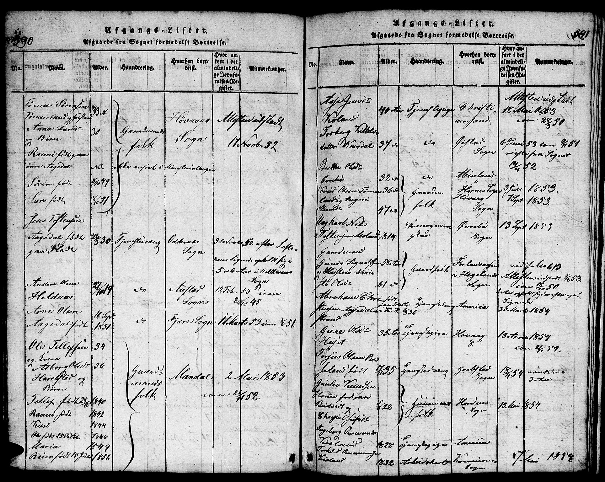 Bjelland sokneprestkontor, AV/SAK-1111-0005/F/Fb/Fba/L0003: Parish register (copy) no. B 3, 1816-1870, p. 590-591