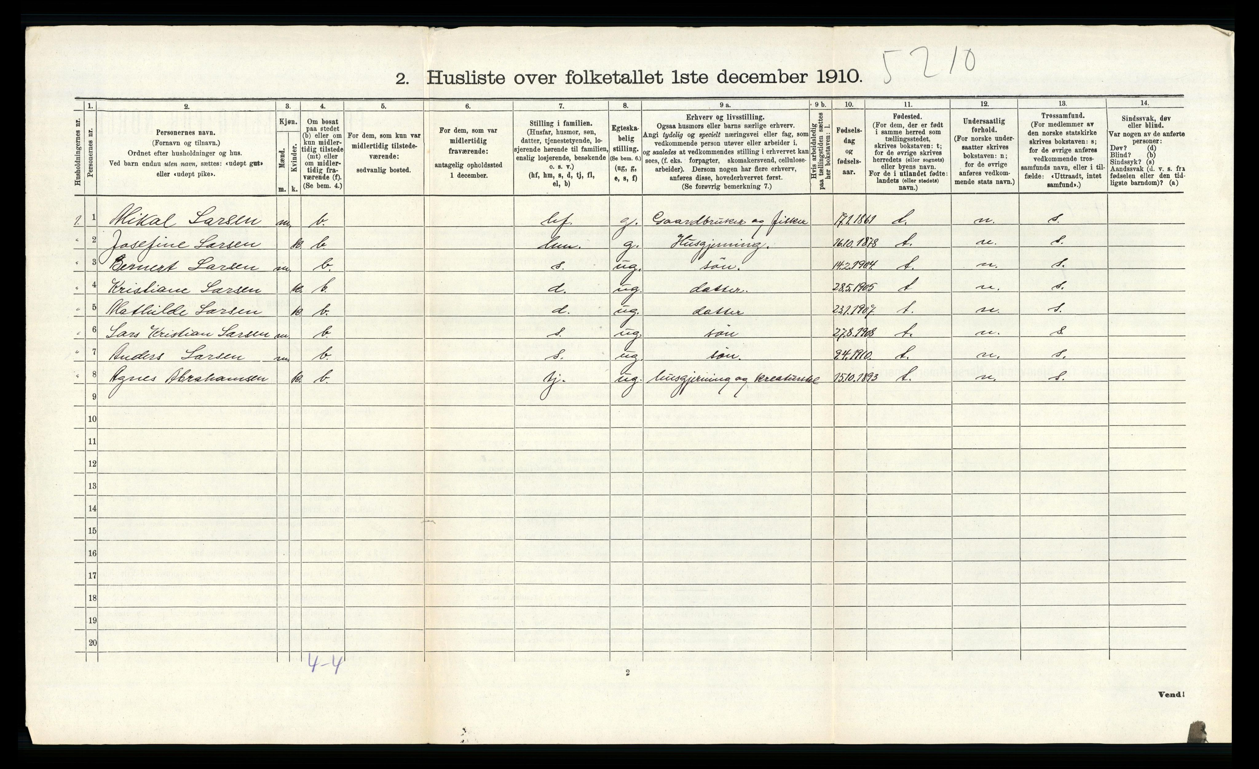 RA, 1910 census for Vanse, 1910, p. 2414