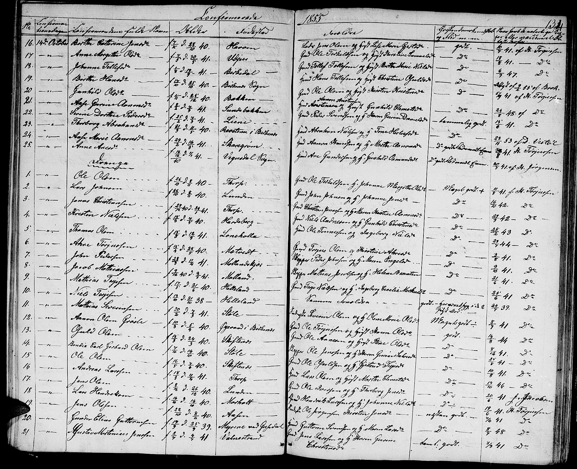 Hommedal sokneprestkontor, AV/SAK-1111-0023/F/Fb/Fbb/L0005: Parish register (copy) no. B 5, 1850-1869, p. 134