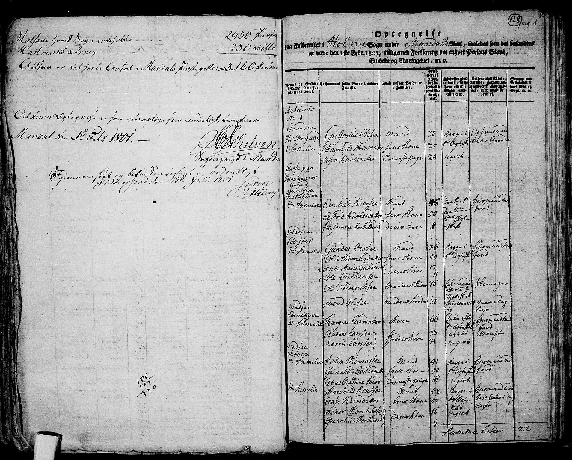 RA, 1801 census for 1020P Holum, 1801, p. 127b-128a