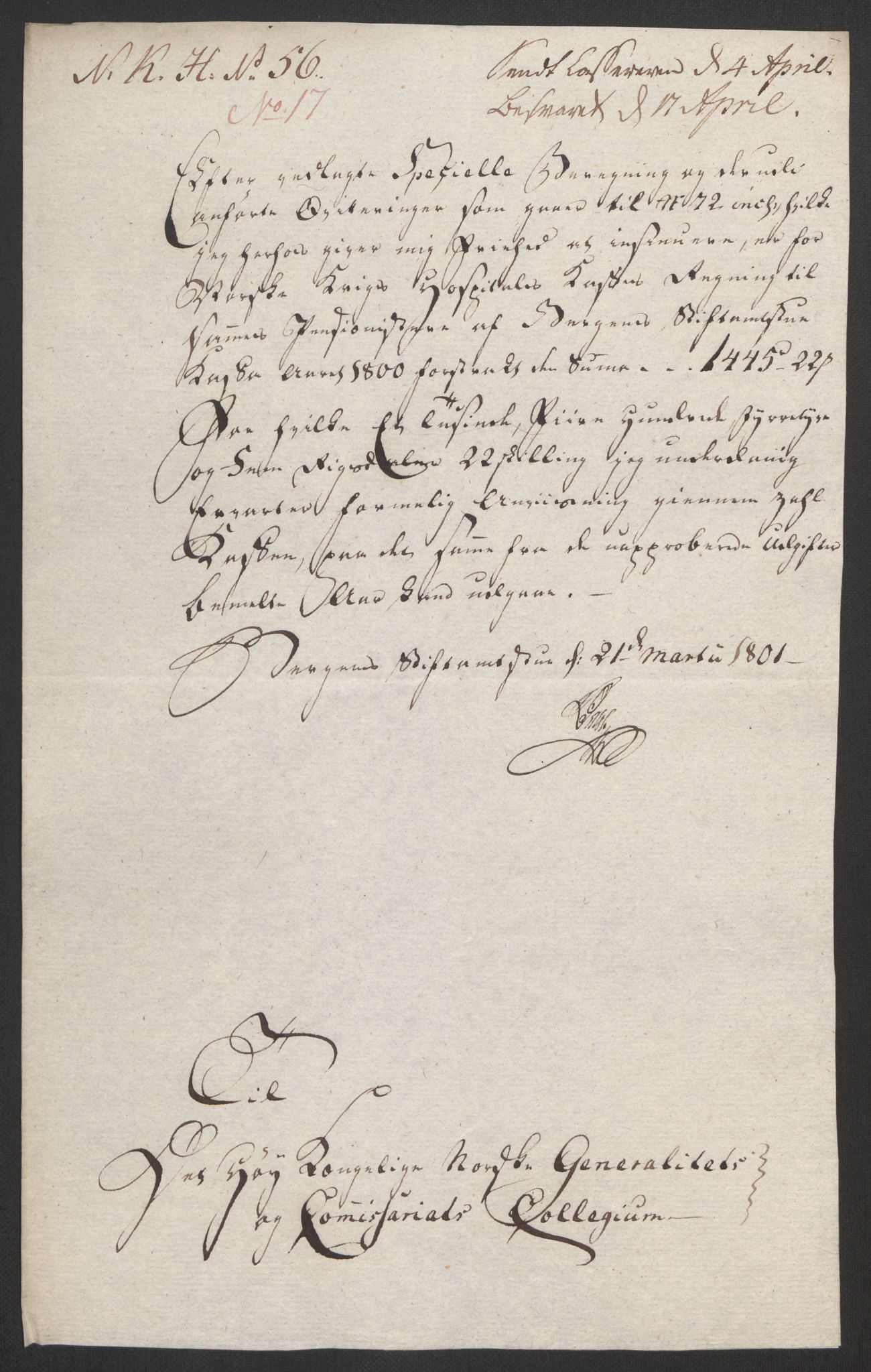 Forsvaret, Den norske kvesthuskasse/krigshospitalkasse, AV/RA-RAFA-1887/F/Fa/L0017: Innkomne brev:, 1782-1807, p. 519