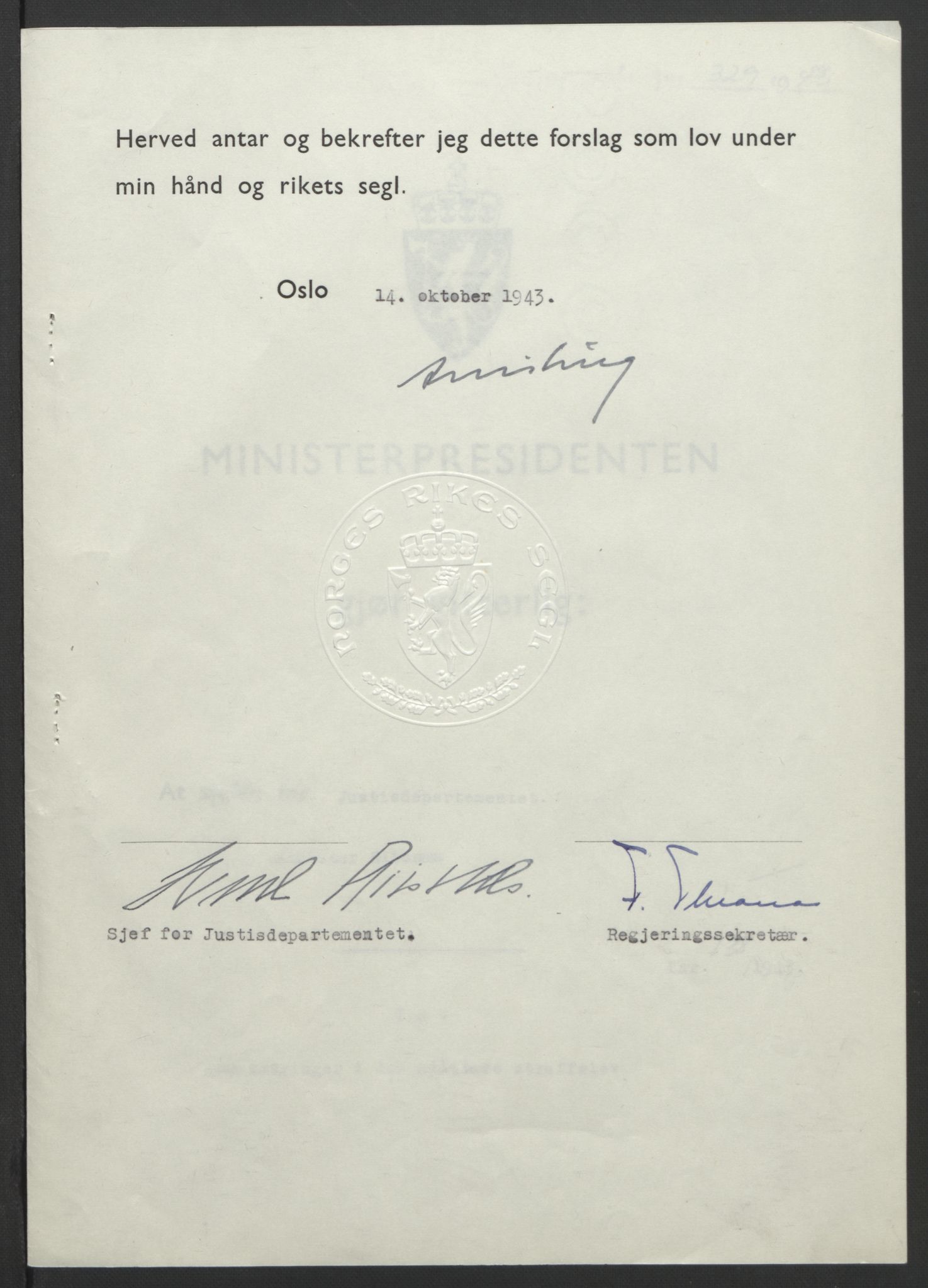 NS-administrasjonen 1940-1945 (Statsrådsekretariatet, de kommisariske statsråder mm), AV/RA-S-4279/D/Db/L0099: Lover, 1943, p. 647