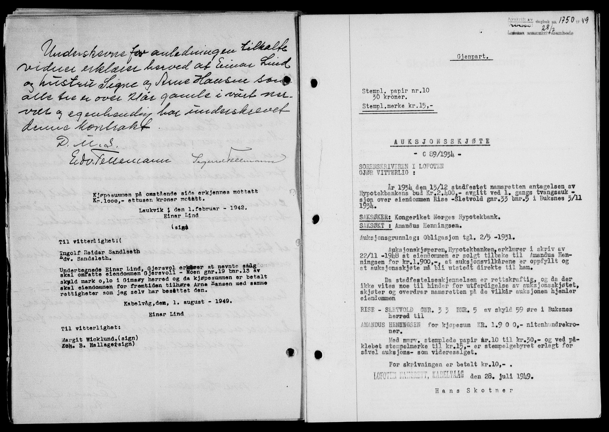 Lofoten sorenskriveri, SAT/A-0017/1/2/2C/L0021a: Mortgage book no. 21a, 1949-1949, Diary no: : 1750/1949