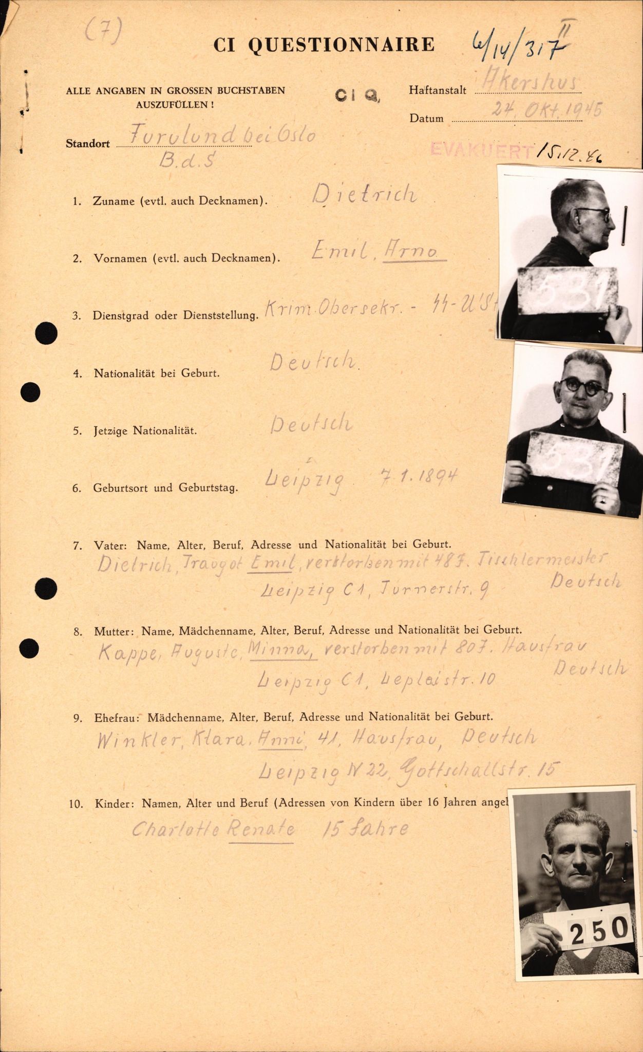 Forsvaret, Forsvarets overkommando II, AV/RA-RAFA-3915/D/Db/L0006: CI Questionaires. Tyske okkupasjonsstyrker i Norge. Tyskere., 1945-1946, p. 66