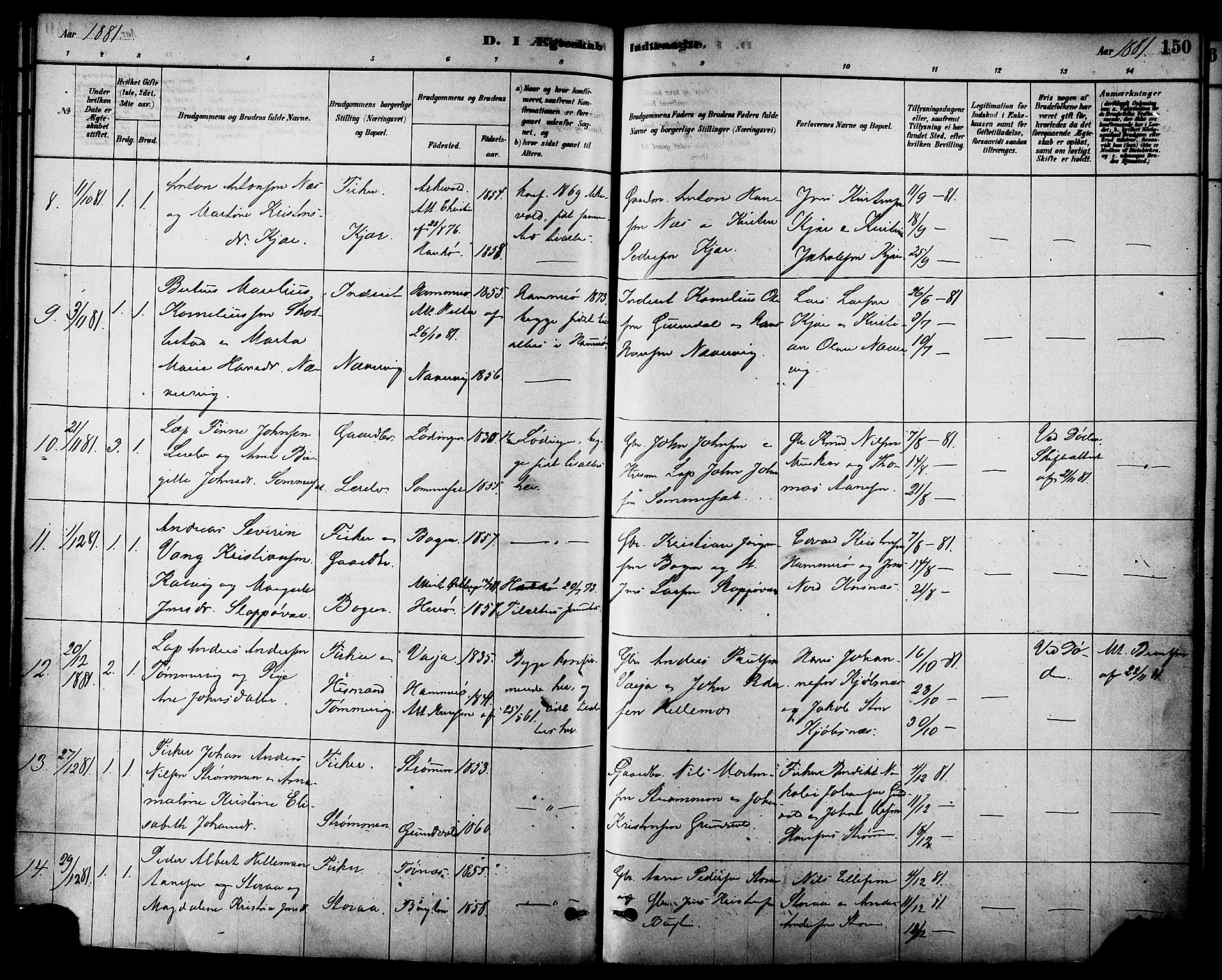 Ministerialprotokoller, klokkerbøker og fødselsregistre - Nordland, AV/SAT-A-1459/861/L0868: Parish register (official) no. 861A03, 1879-1889, p. 150