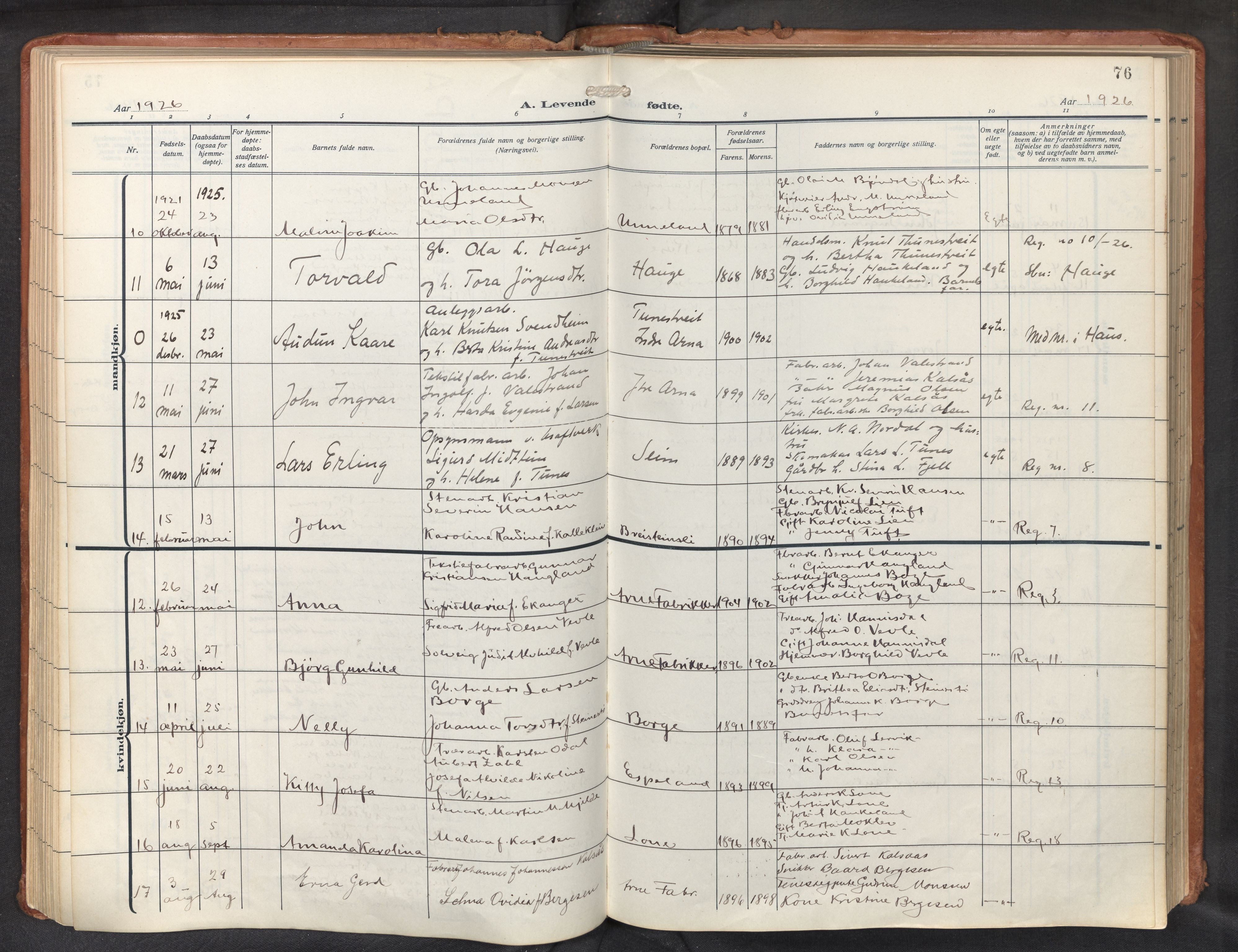 Haus sokneprestembete, AV/SAB-A-75601/H/Haa: Parish register (official) no. D 3, 1912-1927, p. 76